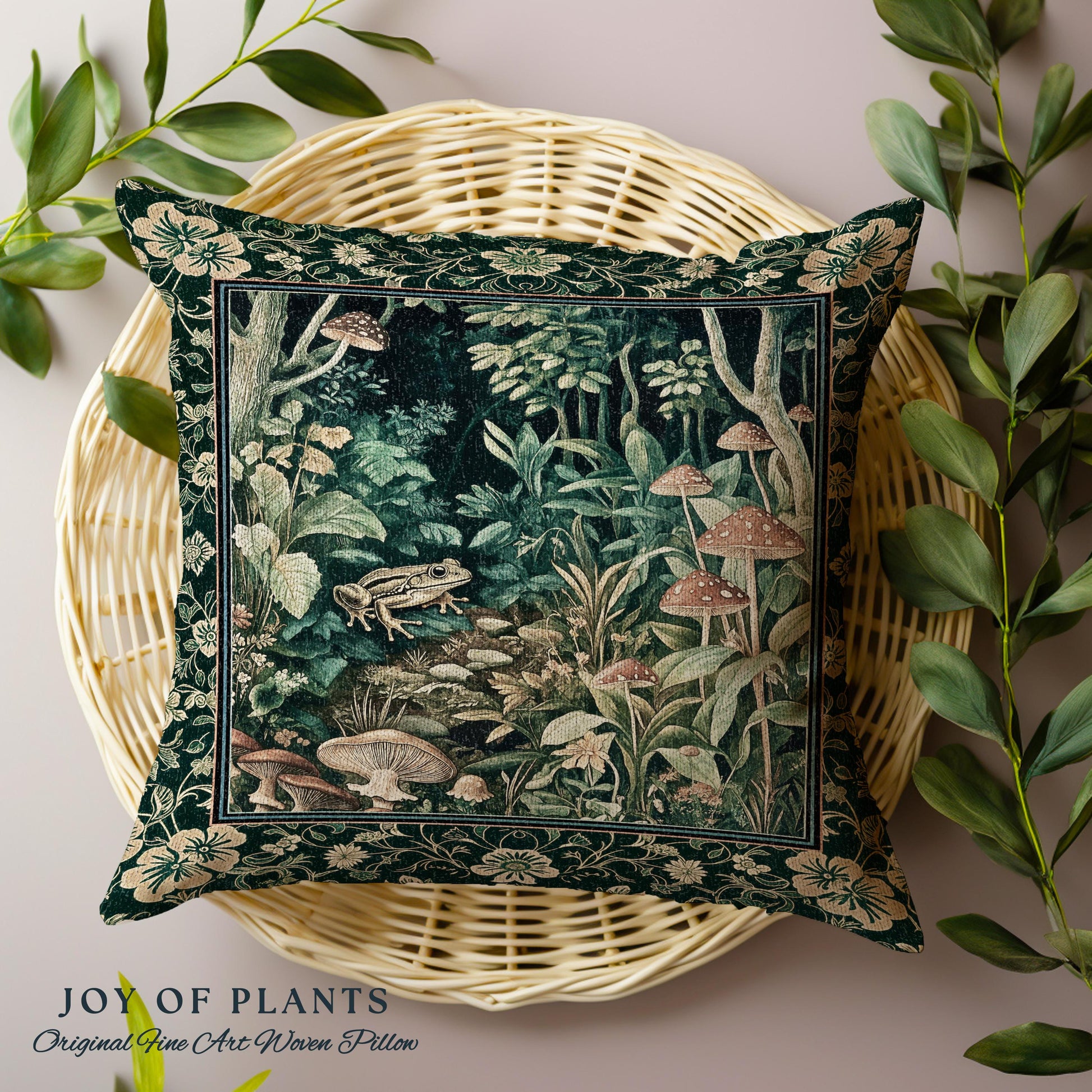 Magical Mushroom Folklore Forest Pillow | Cute Woodland Woven Cushion for Bedroom Goblincore Forest Woodland Whimsy Toadstool Aesthetic |