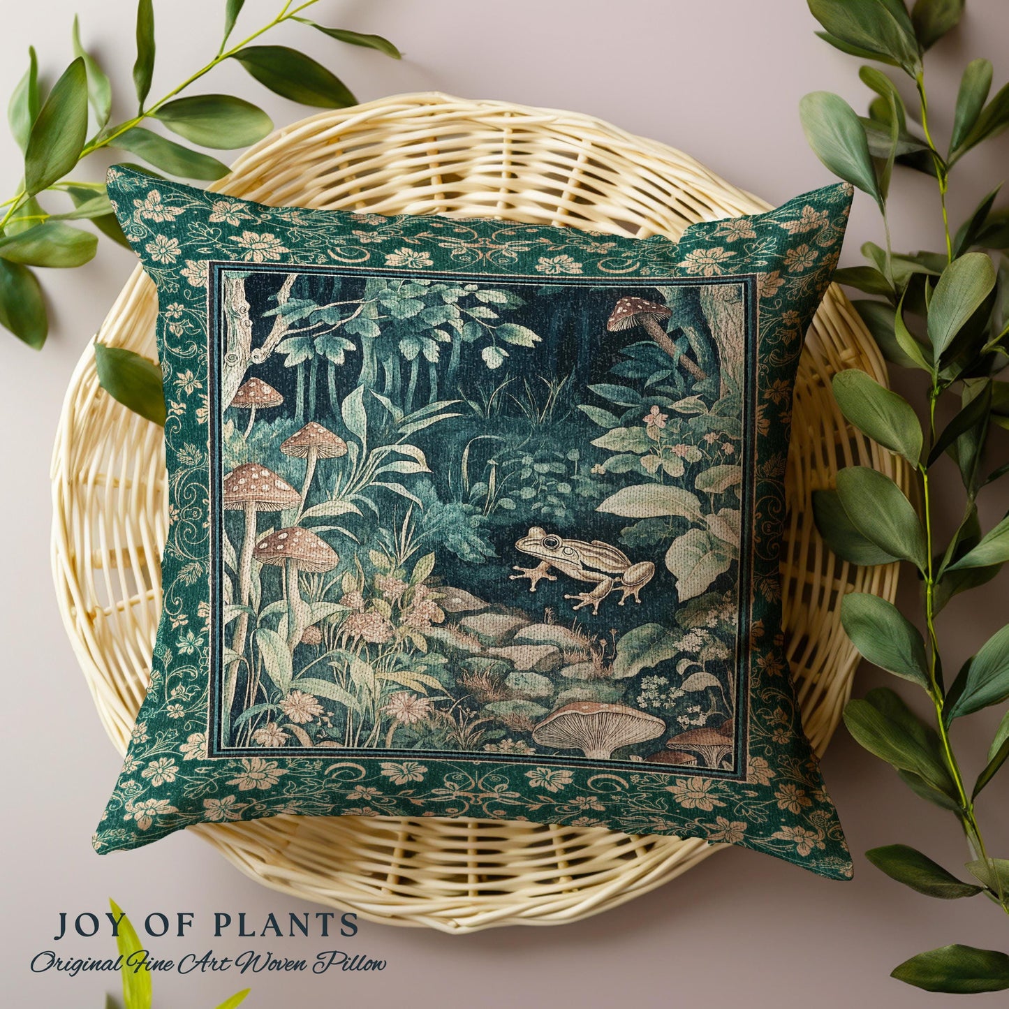 Retro Fungi Forest Accent Pillow | Botanical Wonders Mystic Cute Outdoorsy Cushion for Eclectic Bedroom Goblincore Fairycore Woodland Whimsy