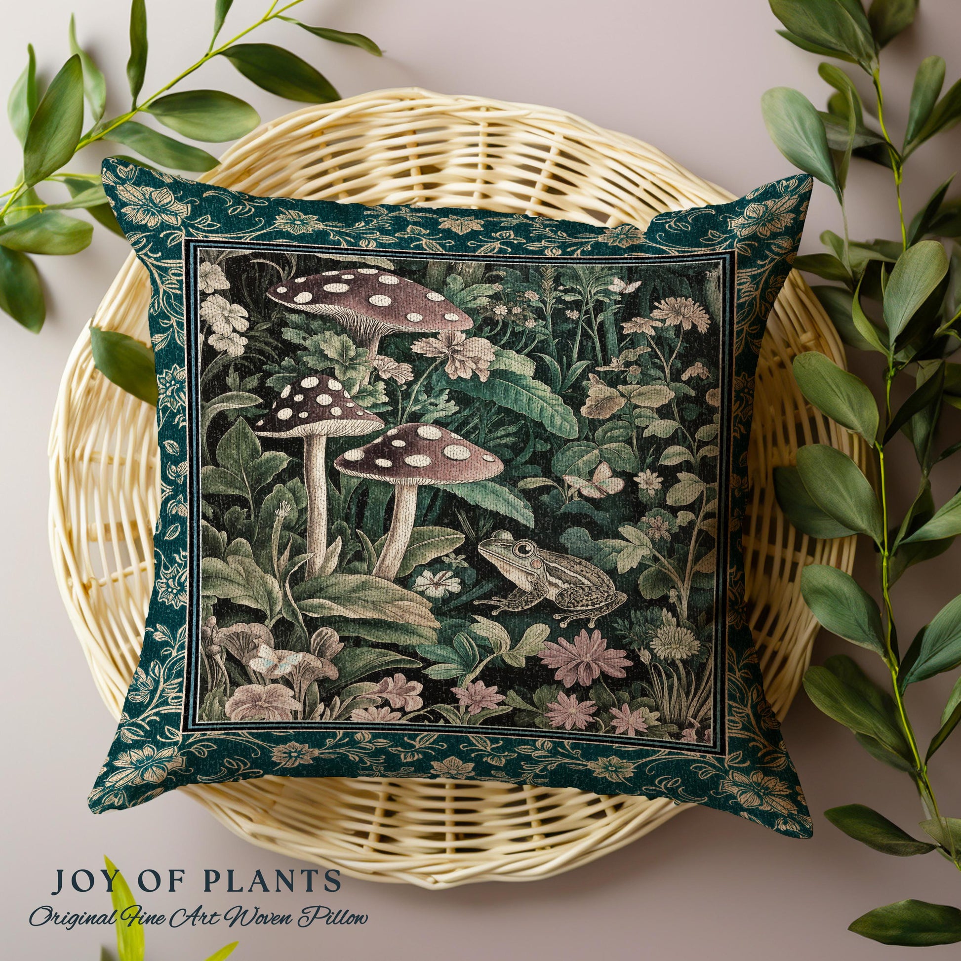 Fairytale Forest Mushroom Frog Pillow | Trendy Aesthetic Cottagecore Botanical Accent Pillow for Emerald Green Funky Woodland Book Nook Frog