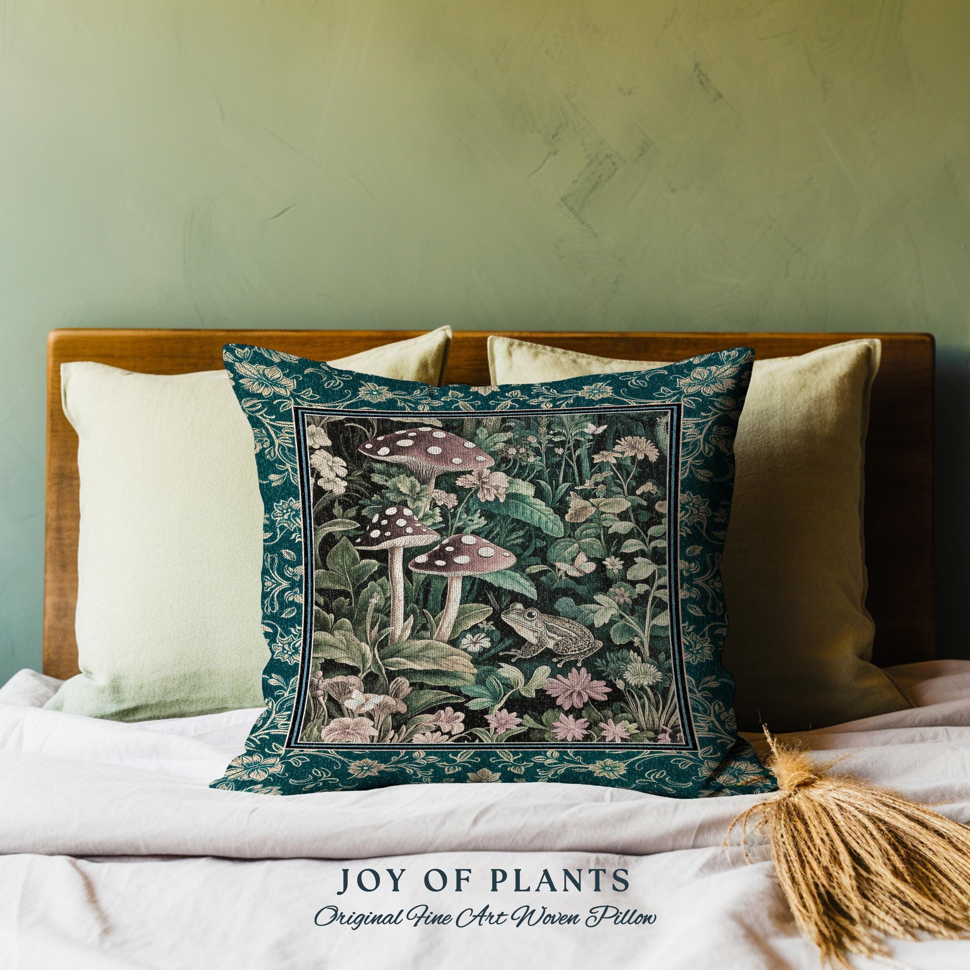 Fairytale Forest Mushroom Frog Pillow | Trendy Aesthetic Cottagecore Botanical Accent Pillow for Emerald Green Funky Woodland Book Nook Frog