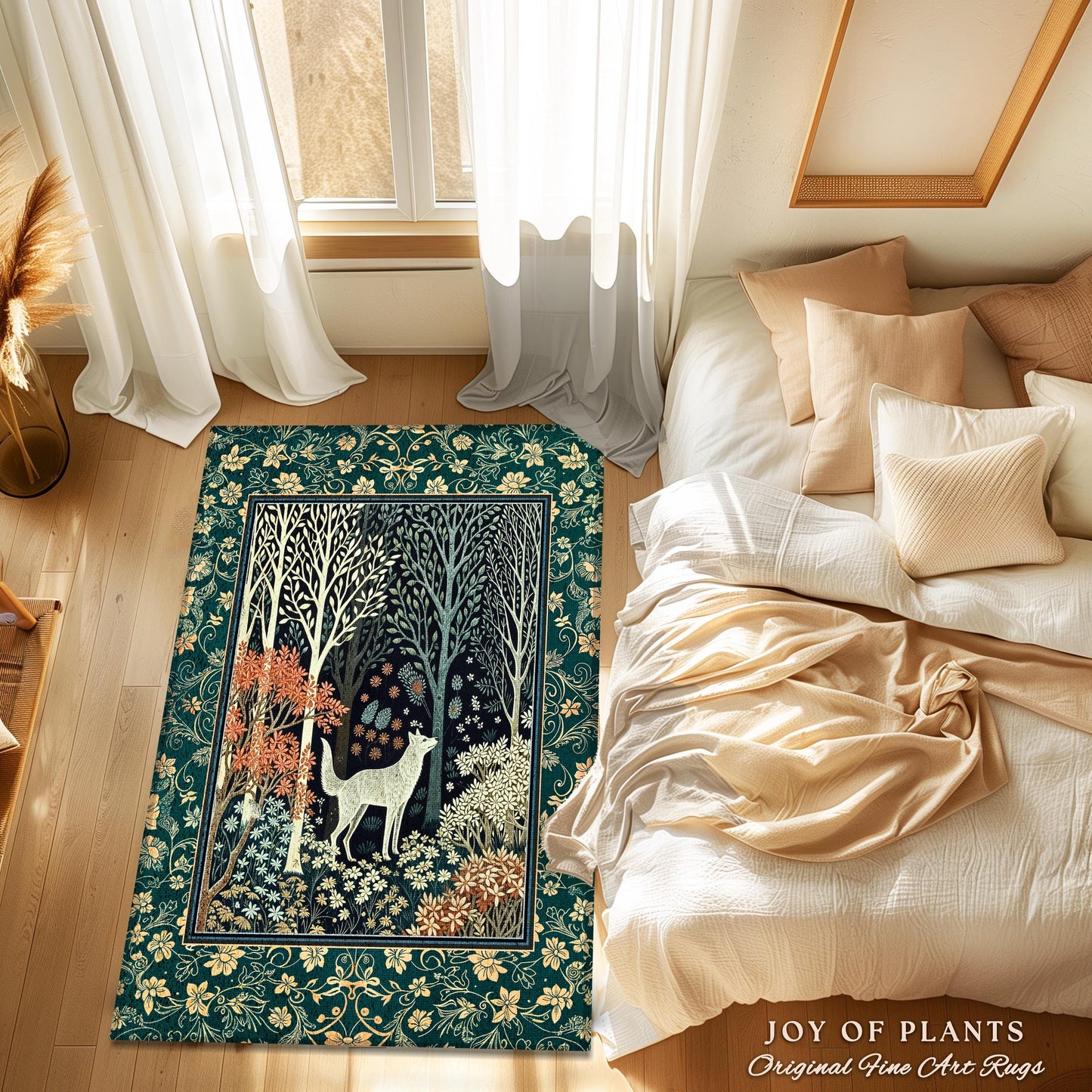 Rustic Nordic Nature Wolf Rug | Colorful Folklore Home Accent Rug Cottagecore Aesthetic Cute Boho Nursery Pastel Whimsical Woodland Decor |