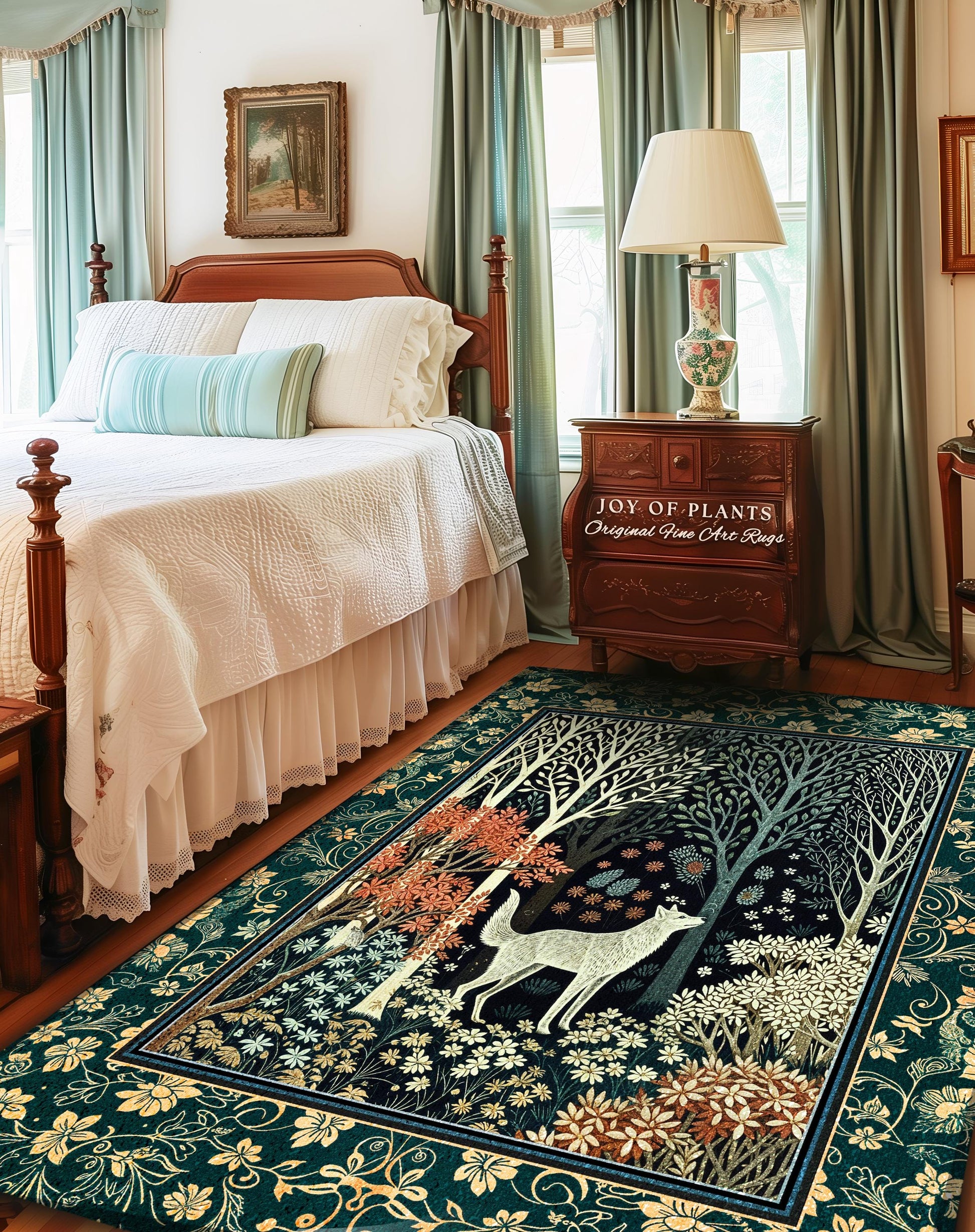 Rustic Nordic Nature Wolf Rug | Colorful Folklore Home Accent Rug Cottagecore Aesthetic Cute Boho Nursery Pastel Whimsical Woodland Decor |