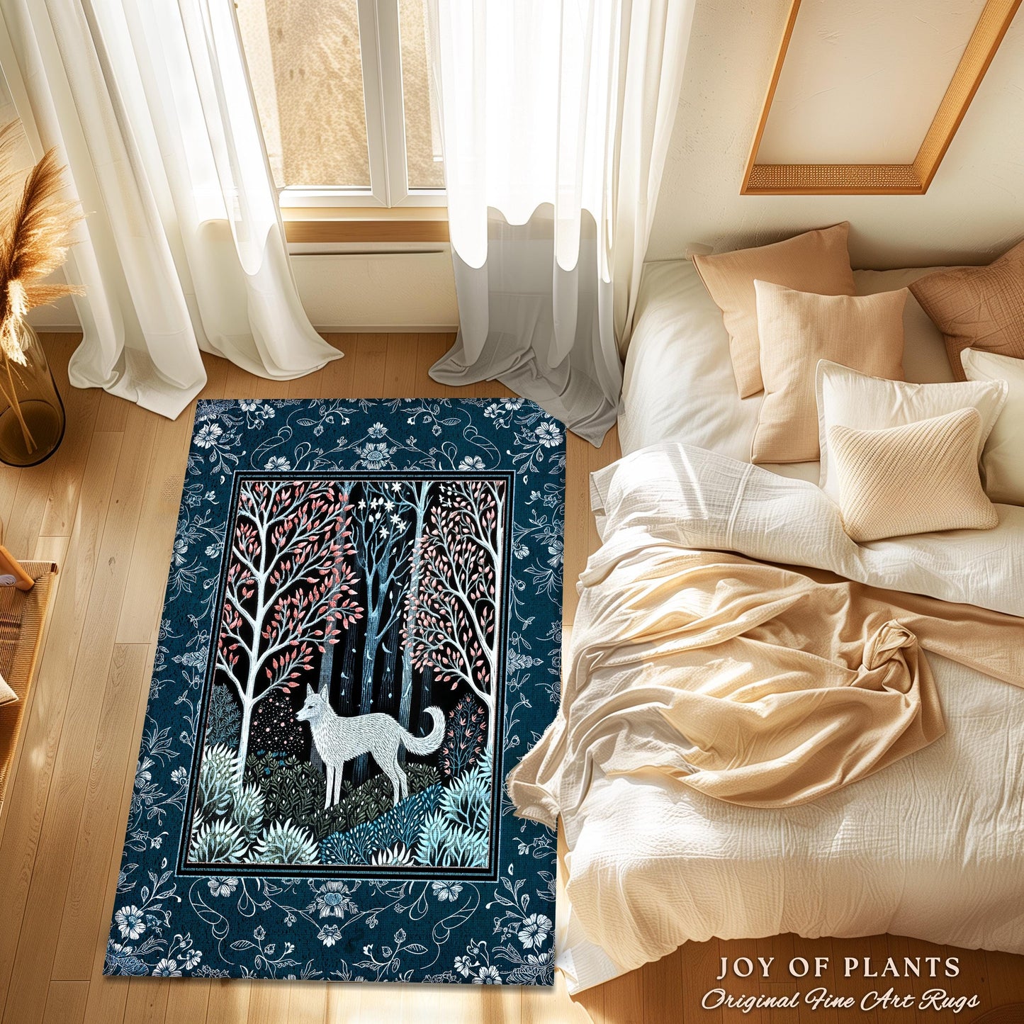 Earthy Colors Woodland Wolf Rug | Bohemian Aesthetic Playful Pastel Nursery Accent Rug Whimsical Forest Scandinavian Folklore Fairytale Art