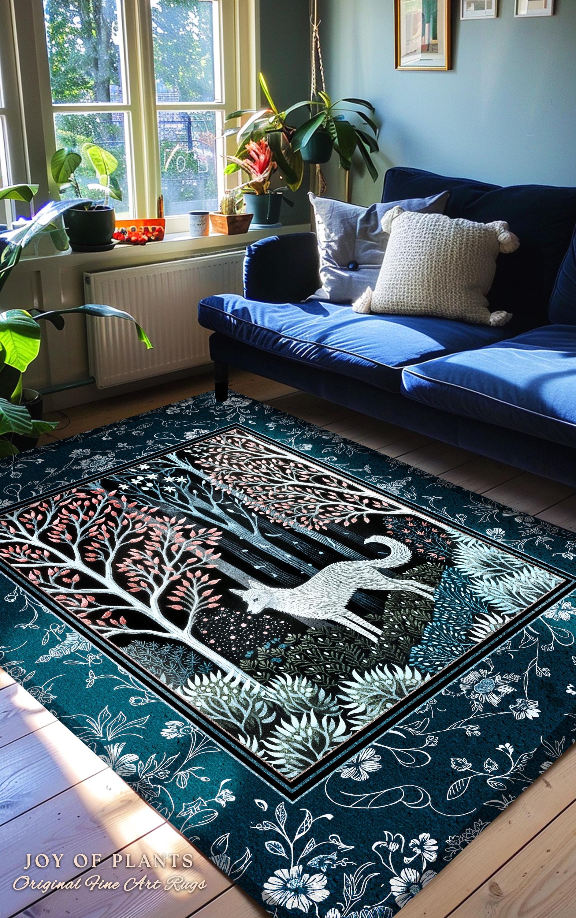 Earthy Colors Woodland Wolf Rug | Bohemian Aesthetic Playful Pastel Nursery Accent Rug Whimsical Forest Scandinavian Folklore Fairytale Art