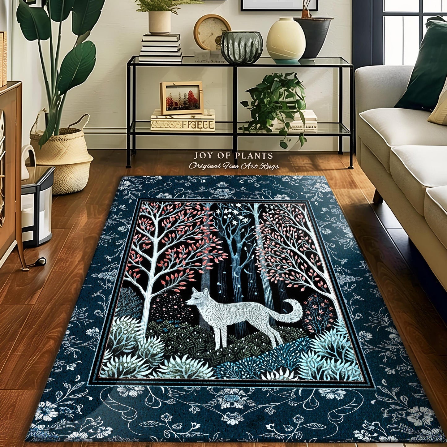 Earthy Colors Woodland Wolf Rug | Bohemian Aesthetic Playful Pastel Nursery Accent Rug Whimsical Forest Scandinavian Folklore Fairytale Art