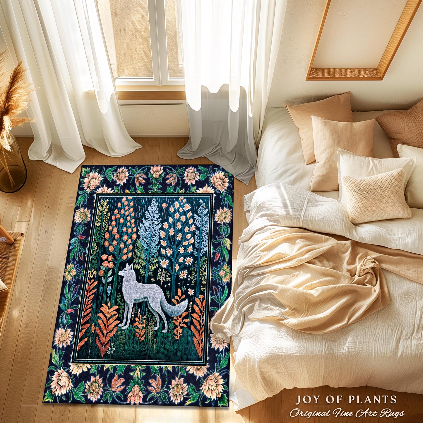 Floral Woodland Cozy Boho Rug | Cabincore Indie Aesthetic Folklore Cute Wolf Nursery Fairytale Danish Pastel Cottagecore Whimsical Accent |