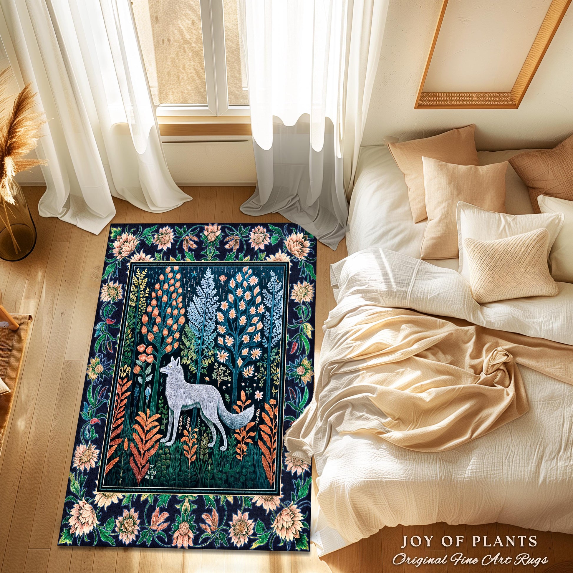 Floral Woodland Cozy Boho Rug | Cabincore Indie Aesthetic Folklore Cute Wolf Nursery Fairytale Danish Pastel Cottagecore Whimsical Accent |