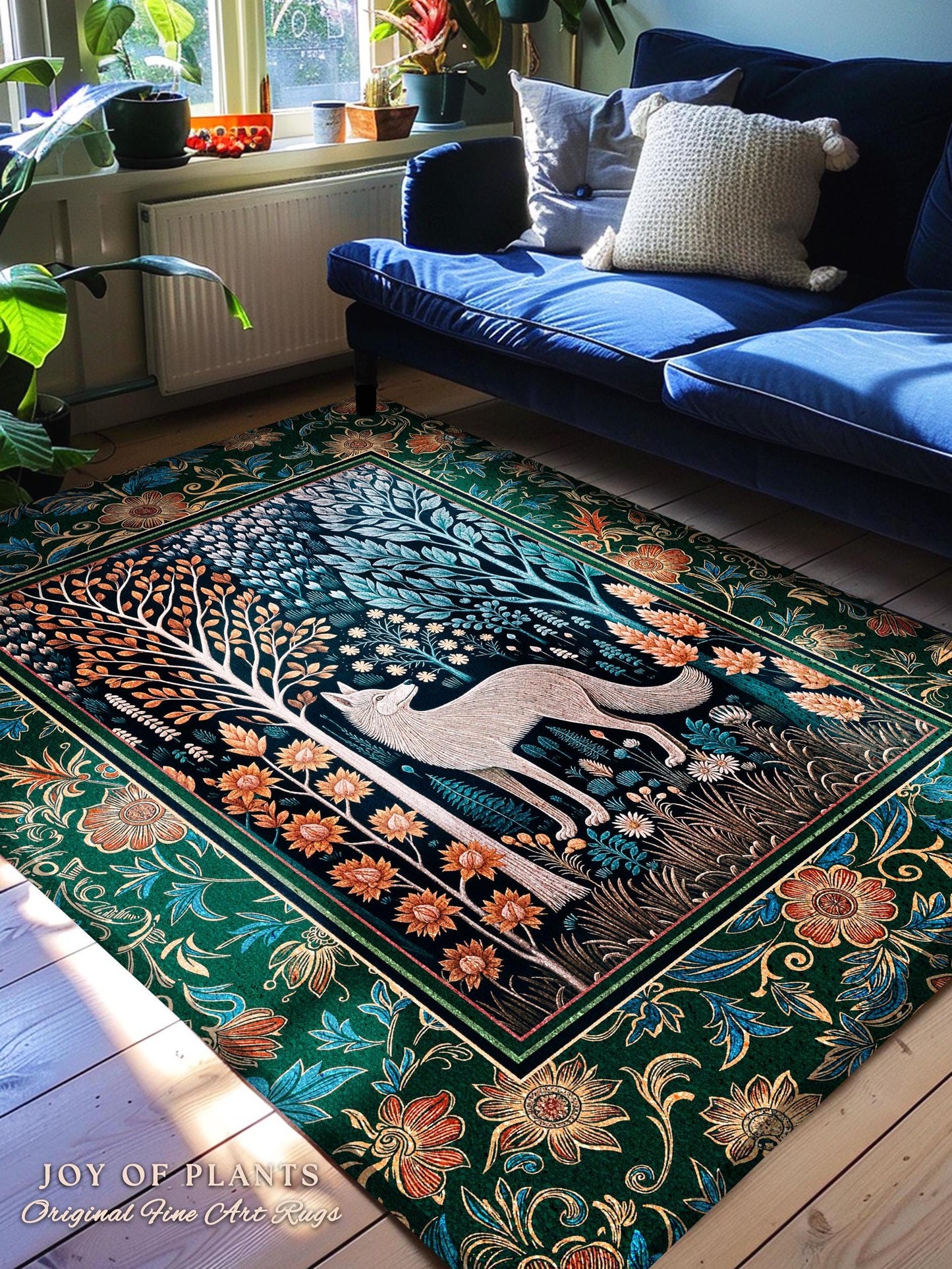 Playful Forest Boho Whimsical Area Rug | Scandinavian Woodland Wolf Boho Fairytale Danish Cottagecore Aesthetic Bohemian Home Accent Cozy |