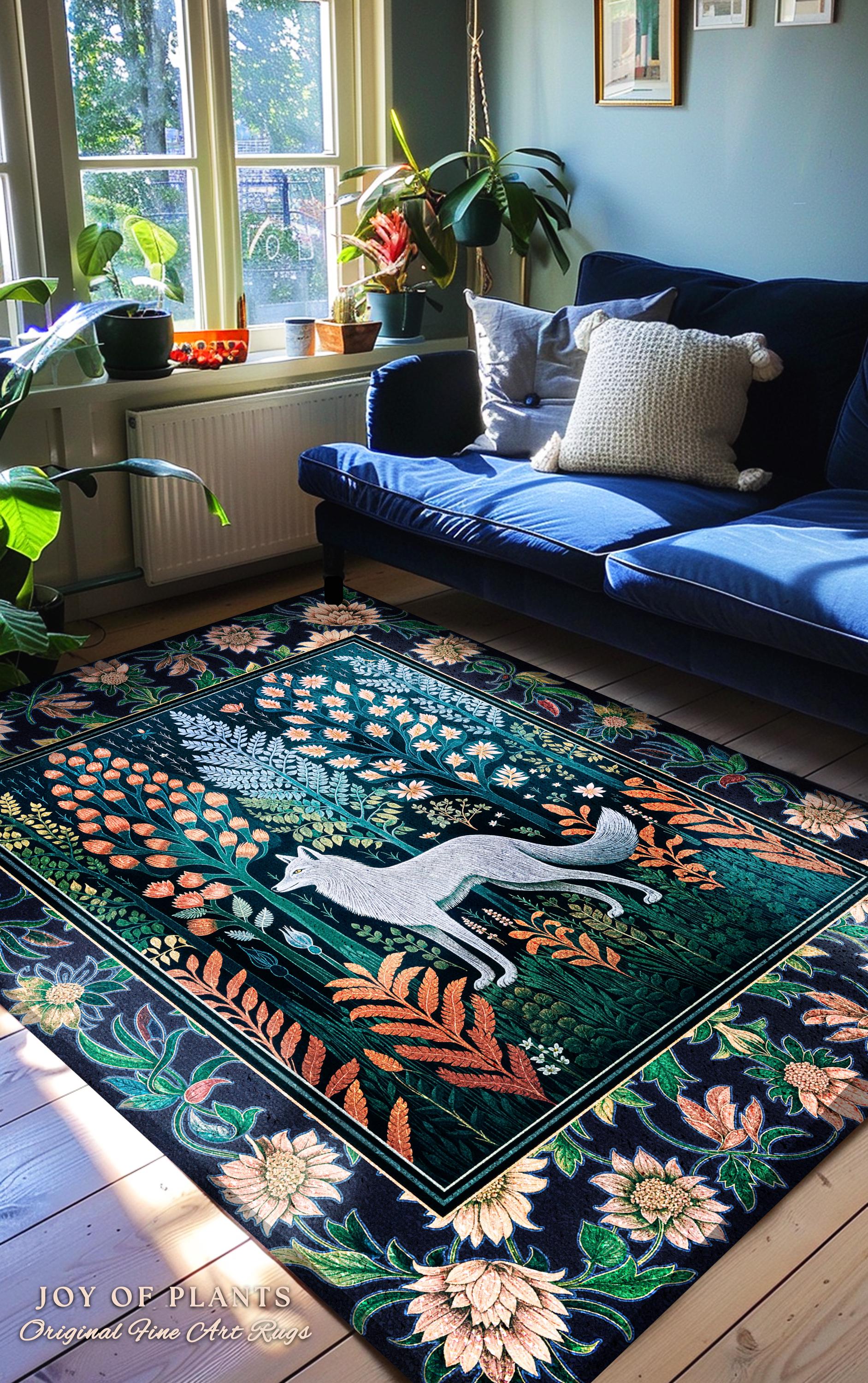 Floral Woodland Cozy Boho Rug | Cabincore Indie Aesthetic Folklore Cute Wolf Nursery Fairytale Danish Pastel Cottagecore Whimsical Accent |