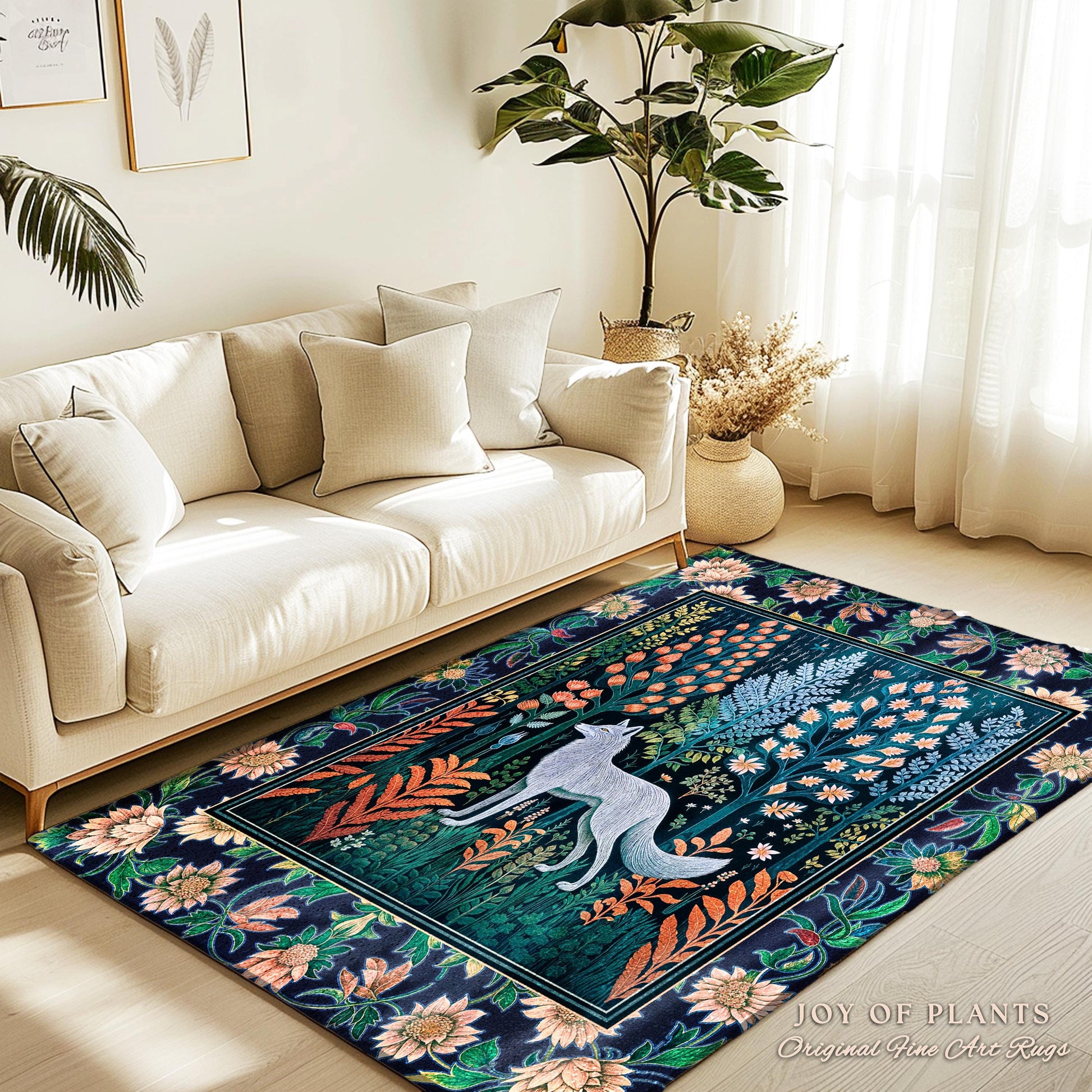Floral Woodland Cozy Boho Rug | Cabincore Indie Aesthetic Folklore Cute Wolf Nursery Fairytale Danish Pastel Cottagecore Whimsical Accent |
