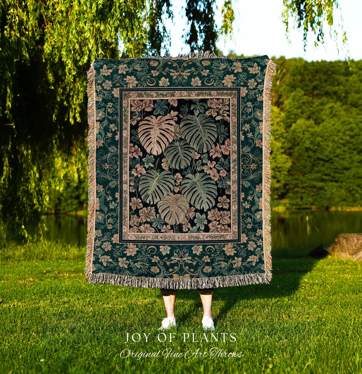 Enchanted Grove Woven Fringe Tapestry | Forestcore Home Decor Cottagecore Maximalist Blanket Whimsical Monstera Vibes Trendy Bedroom Artwork