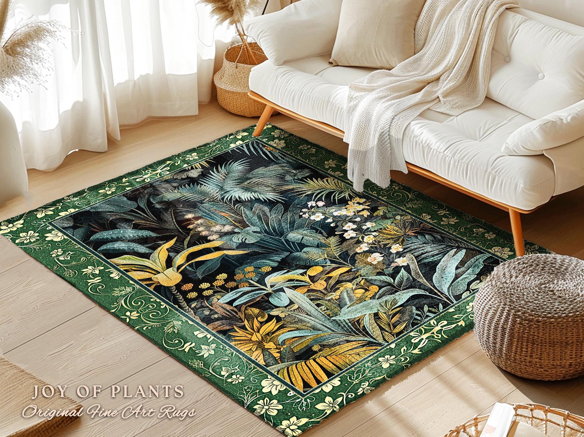 Jungle Leaves Botanical Area Rug | Tropical Jungle Nature Lover Book Nook Cozy Plant Lover Boho Bedroom Decor Elegant Family Room Floor Rug