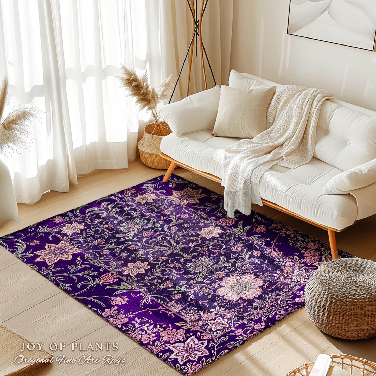 Runner Rug Whimsical Florals | Dark Renaissance Style Art Deco Aesthetic Purple Botanical Hallway Rug Morris Inspired Fairycore Gothic Room