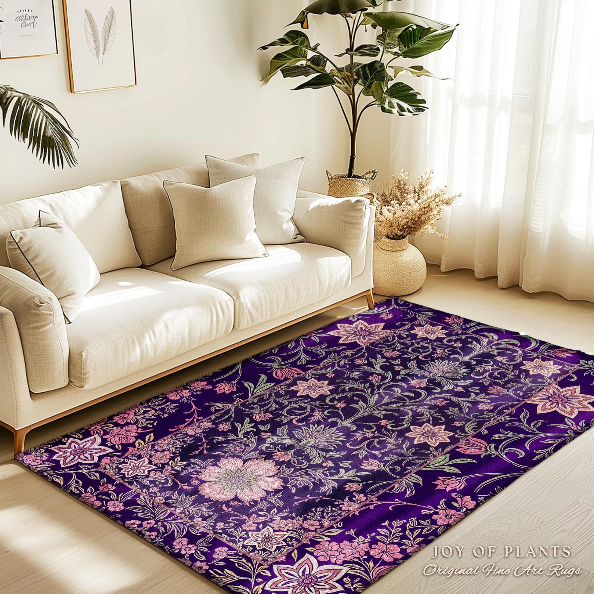 Runner Rug Whimsical Florals | Dark Renaissance Style Art Deco Aesthetic Purple Botanical Hallway Rug Morris Inspired Fairycore Gothic Room