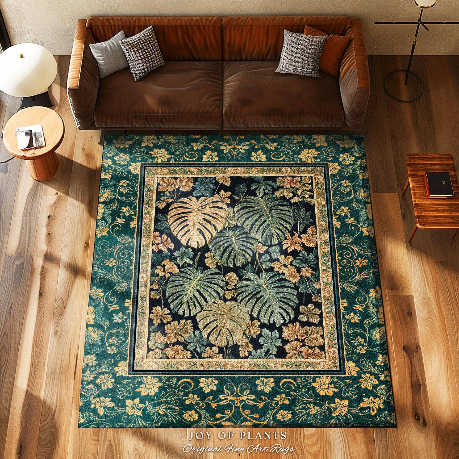 Unique Monstera Print Botanical Rug | Elegant Greenhouse Statement Rug Woodland Decor Houseplant Love Moody Jungle Vibe Tropical Area Rug |