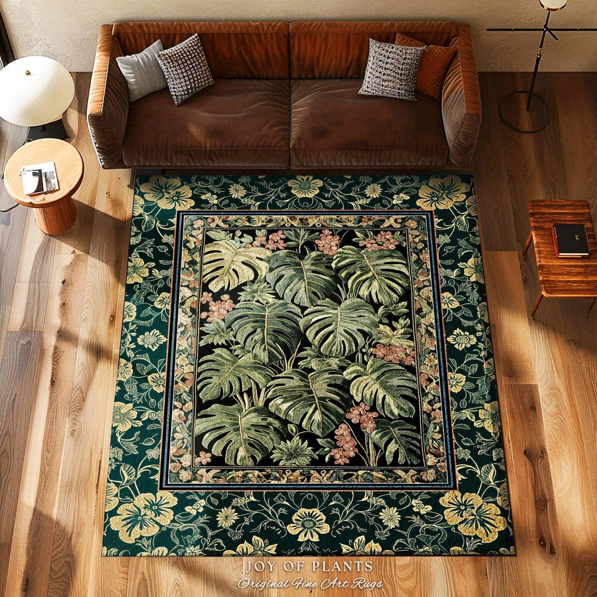 Emerald Elegance Jungle Accent Rug | Botanical Aesthetic Monstera Deliciosa Greenhouse Statement Rug Tropical Plants Green Moody Jungle Vibe