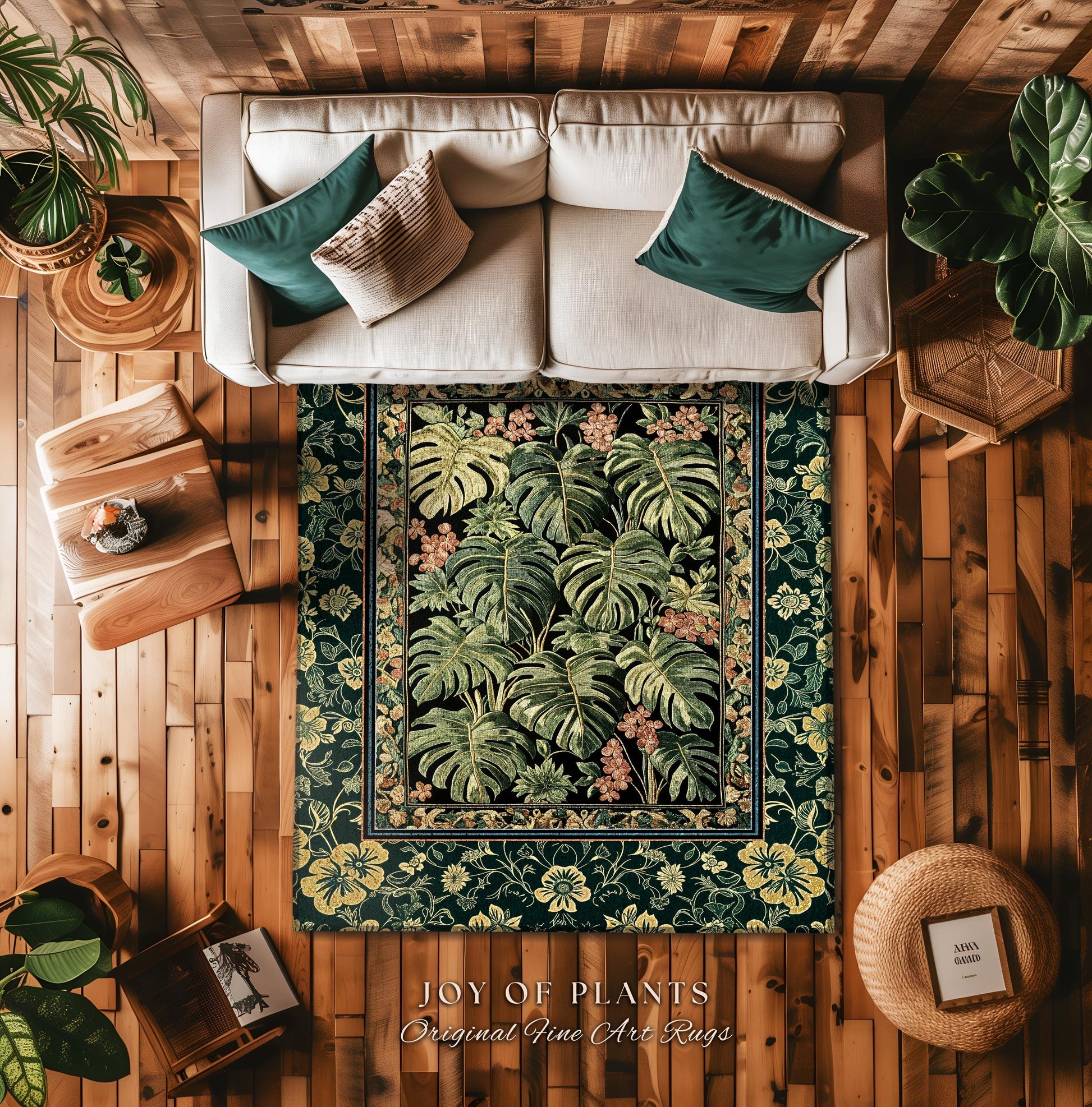 Emerald Elegance Jungle Accent Rug | Botanical Aesthetic Monstera Deliciosa Greenhouse Statement Rug Tropical Plants Green Moody Jungle Vibe