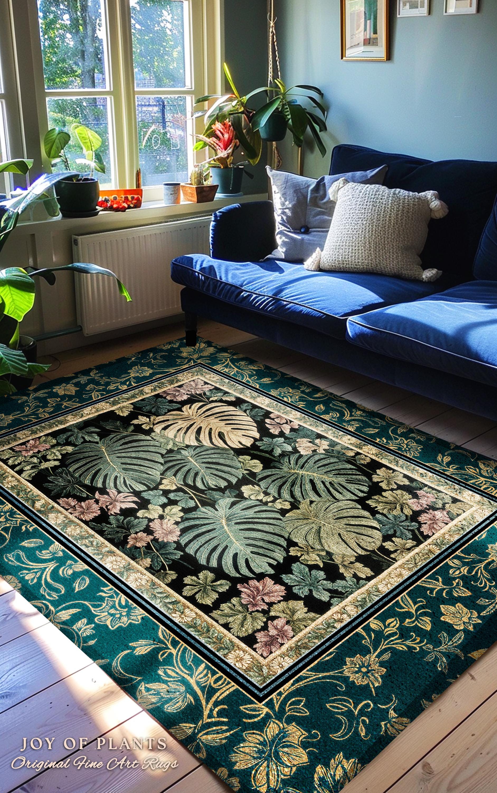 Earthy Botanical Boho Area Rug | Woodland Enchantment Tropical Statement Rug Maximalist Elegance Woodland Moody Classic Jungle Vibe Bedroom