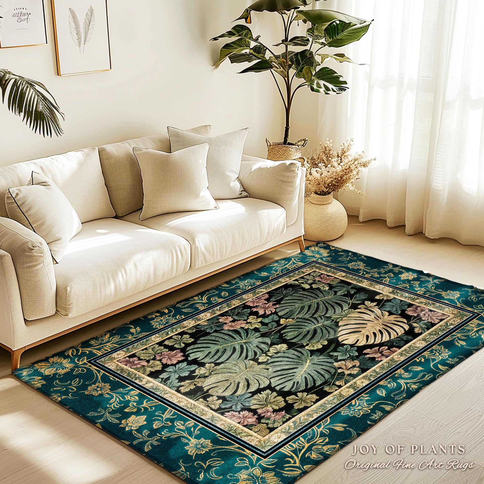 Earthy Botanical Boho Area Rug | Woodland Enchantment Tropical Statement Rug Maximalist Elegance Woodland Moody Classic Jungle Vibe Bedroom