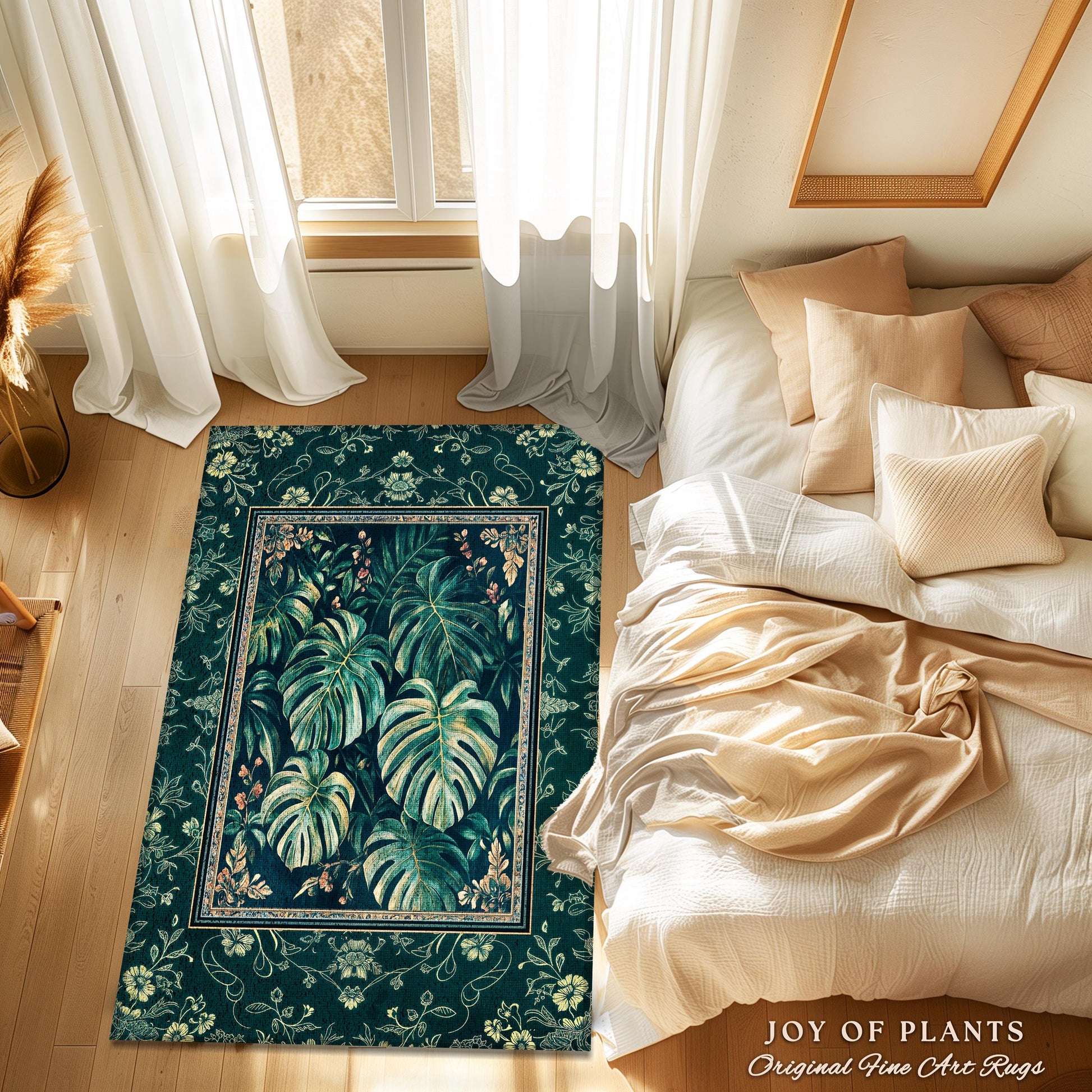 Elegant Botanicals Emerald Area Rug | Tropical Monstera Deliciosa Plant Lover Aesthetic Greenhouse Green Moody Jungle Vibe Dark Maximalist |