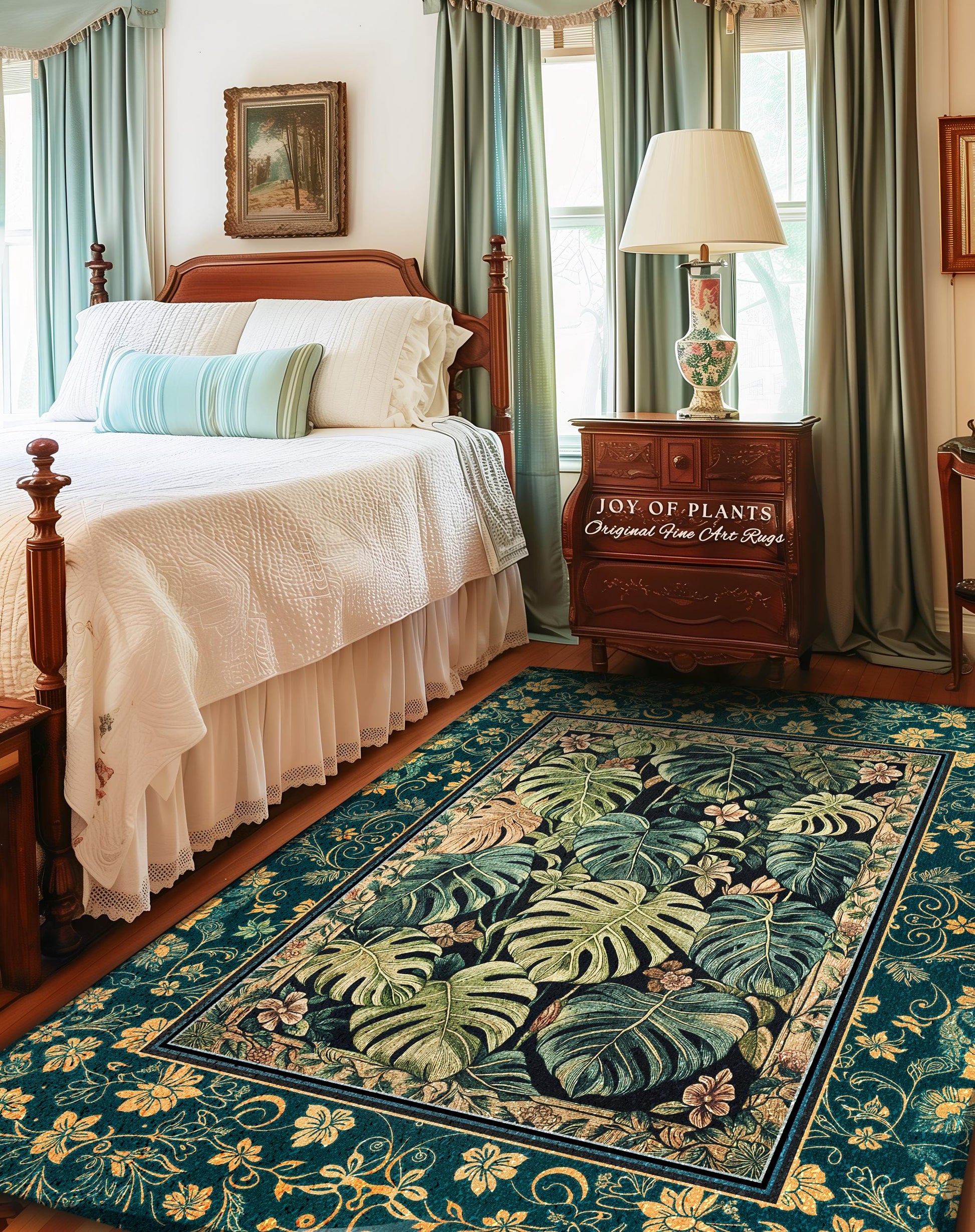 Nature Inspired Green Leaves Rug | Colorful Greenery Tropigoth Room Decor Whimsical Botanical Statement Rug Monstera Foliage Dark Tropical |