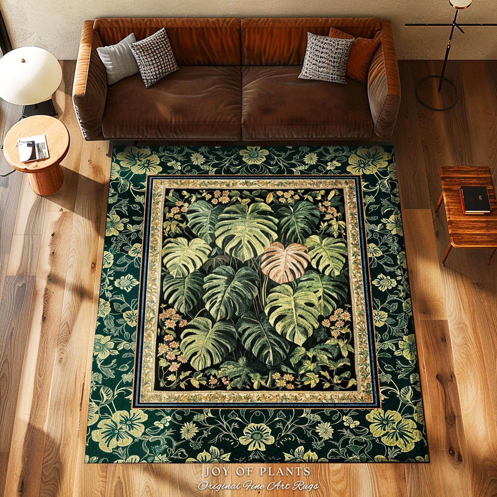 Ethereal Rainforest Greenery Rug | Tropical Jungle Theme Monstera Statement Rug Elegant Botanical Houseplant Aesthetic Emerald Green Bedroom