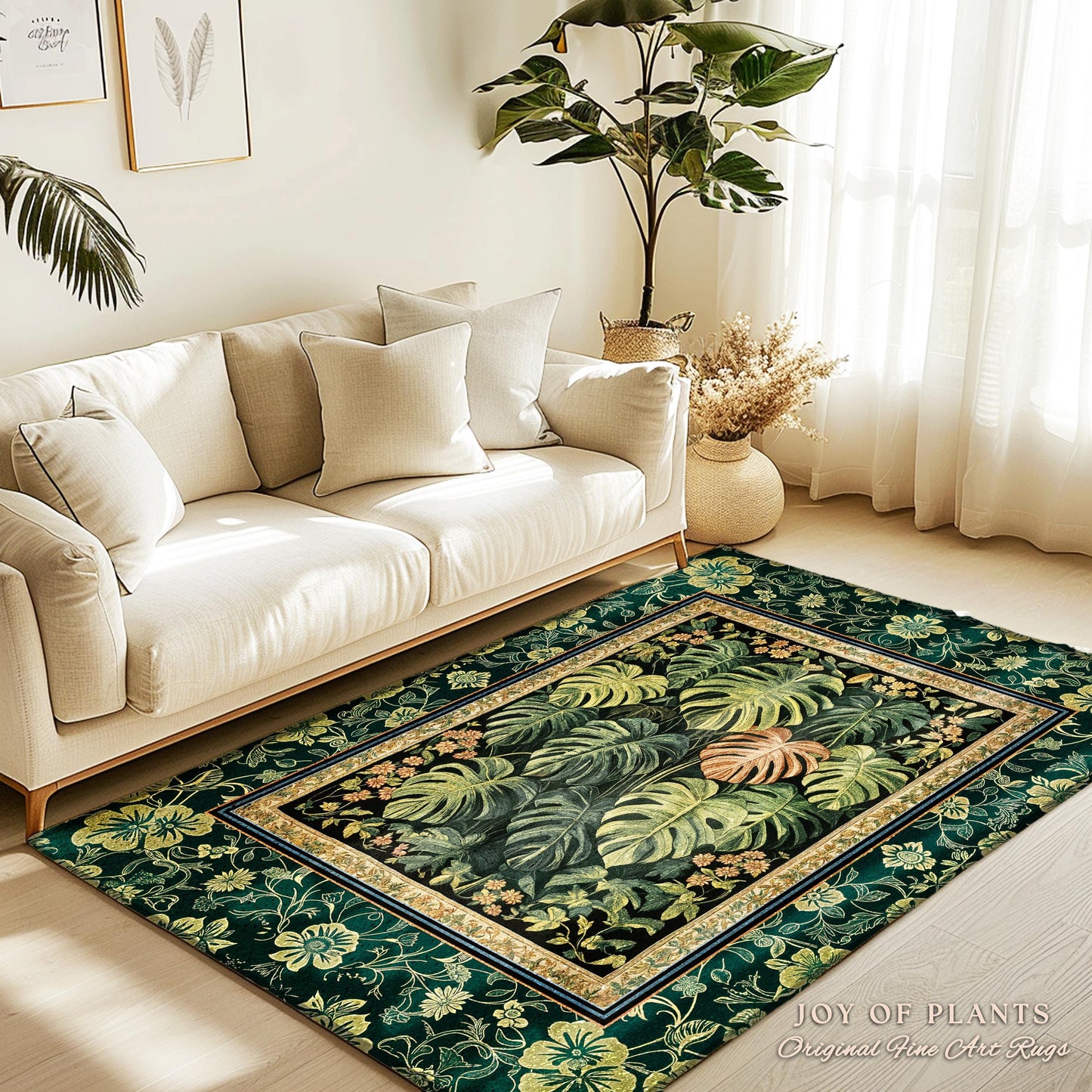 Ethereal Rainforest Greenery Rug | Tropical Jungle Theme Monstera Statement Rug Elegant Botanical Houseplant Aesthetic Emerald Green Bedroom