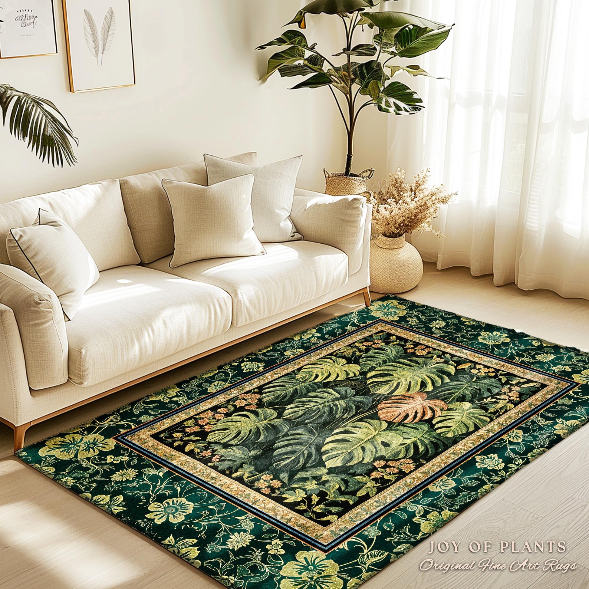 Ethereal Rainforest Greenery Rug | Tropical Jungle Theme Monstera Statement Rug Elegant Botanical Houseplant Aesthetic Emerald Green Bedroom