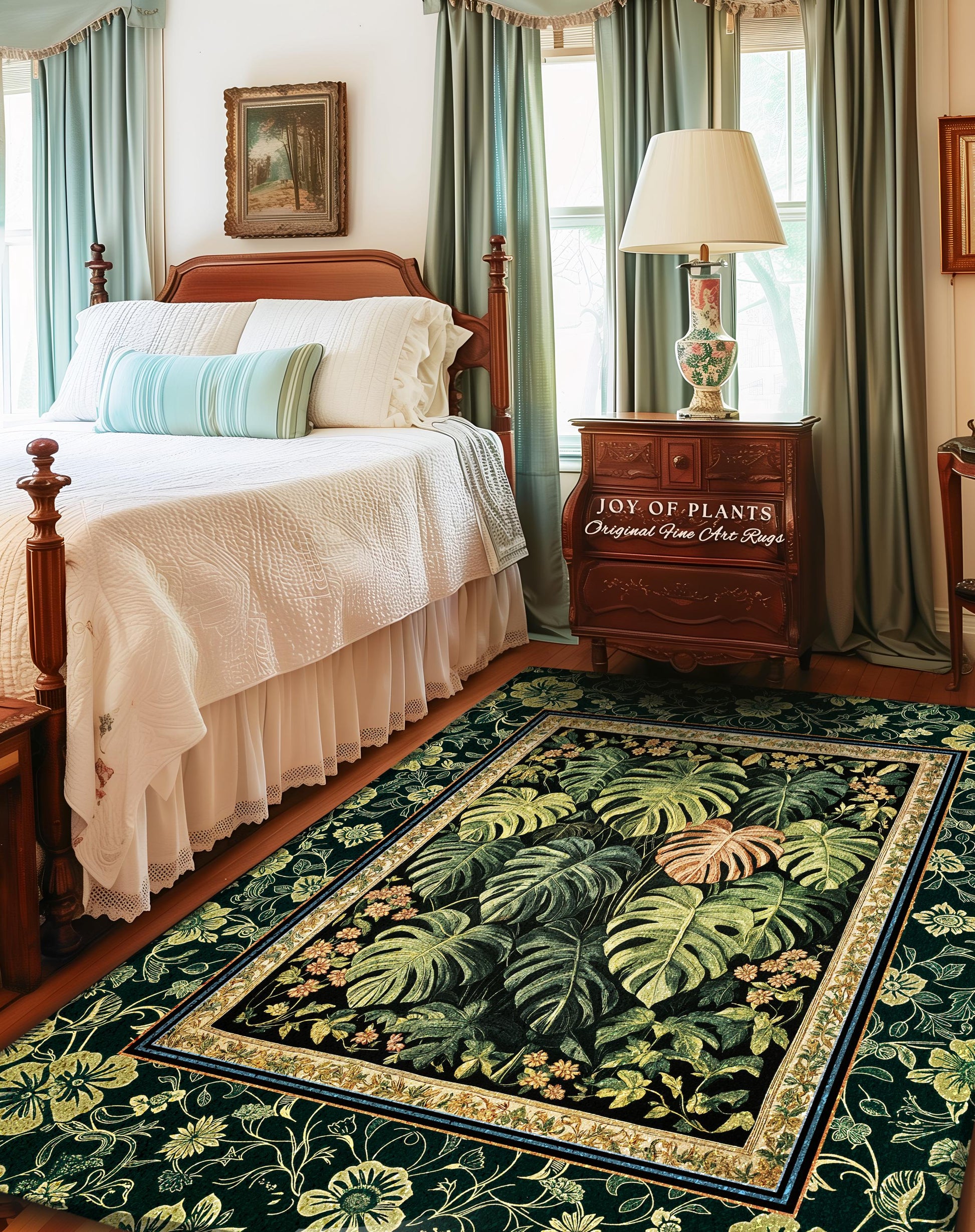 Ethereal Rainforest Greenery Rug | Tropical Jungle Theme Monstera Statement Rug Elegant Botanical Houseplant Aesthetic Emerald Green Bedroom