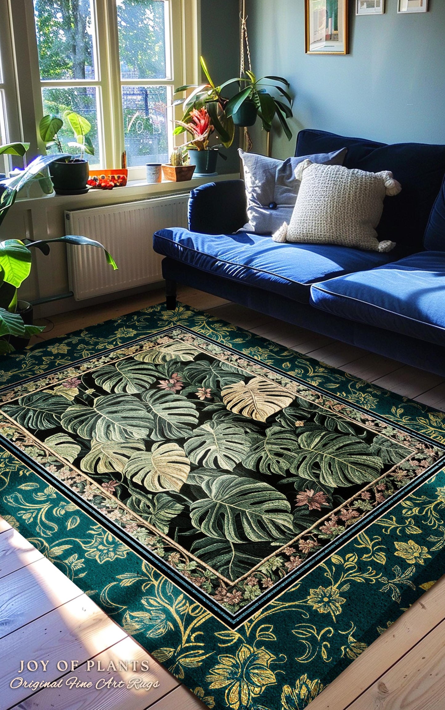 Rich Shades of Green Monstera Rug | Bohemian Botanical Plant Lover Bedroom Home Accent Colorful Room Decor Botanical Statement Rug Foliage