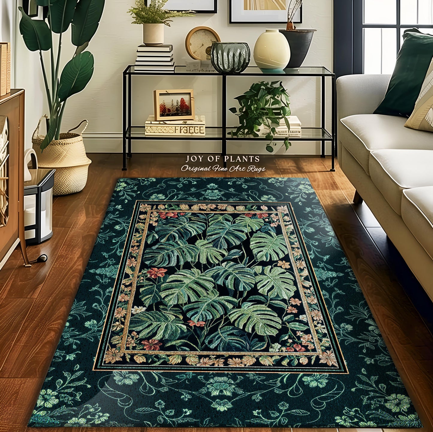 Jungle Vibe Emerald Accent Rug | Botanical Elegance Plant Lover Bedroom Woodland Enchantment Tropical Statement Rug Maximalist Rustic Forest