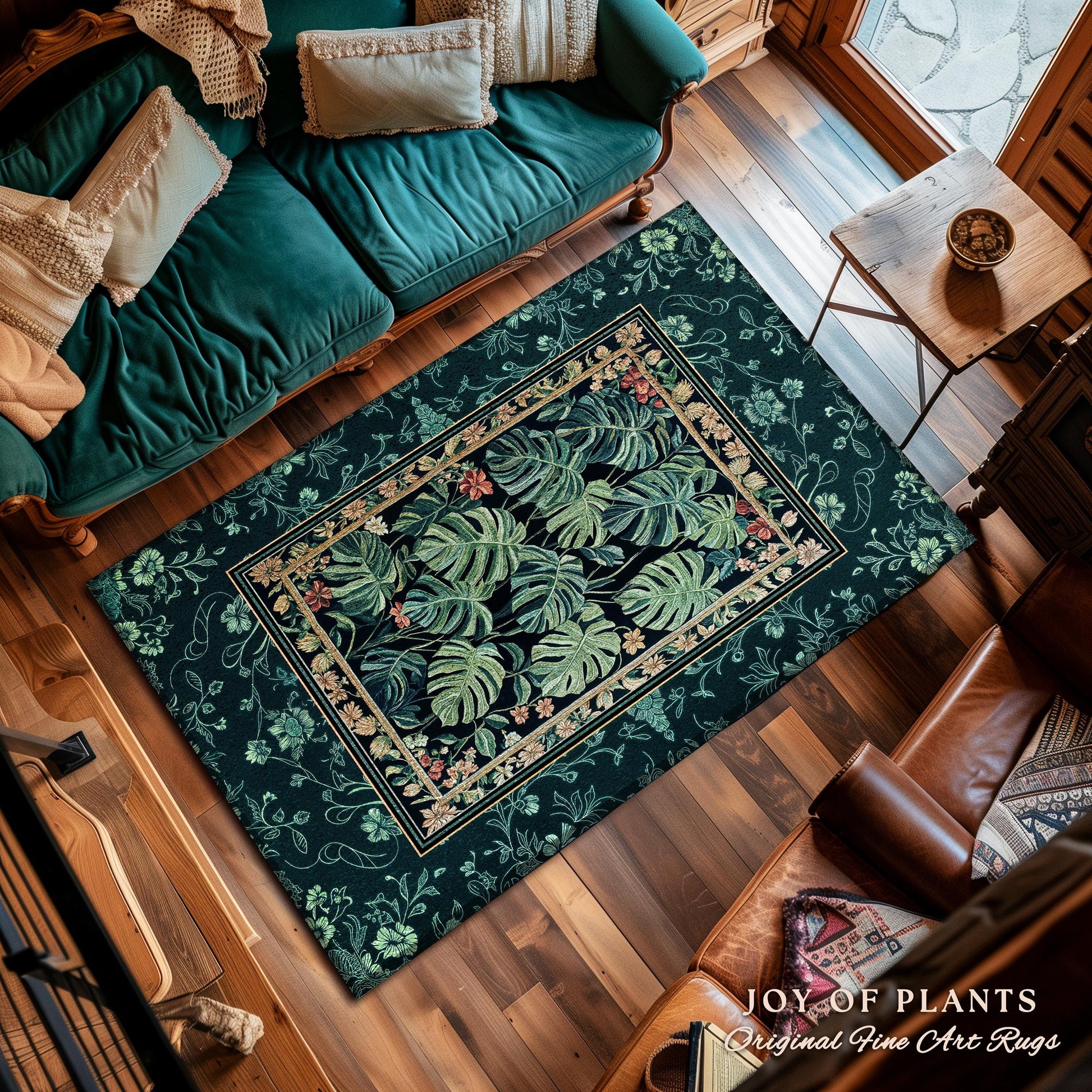 Jungle Vibe Emerald Accent Rug | Botanical Elegance Plant Lover Bedroom Woodland Enchantment Tropical Statement Rug Maximalist Rustic Forest