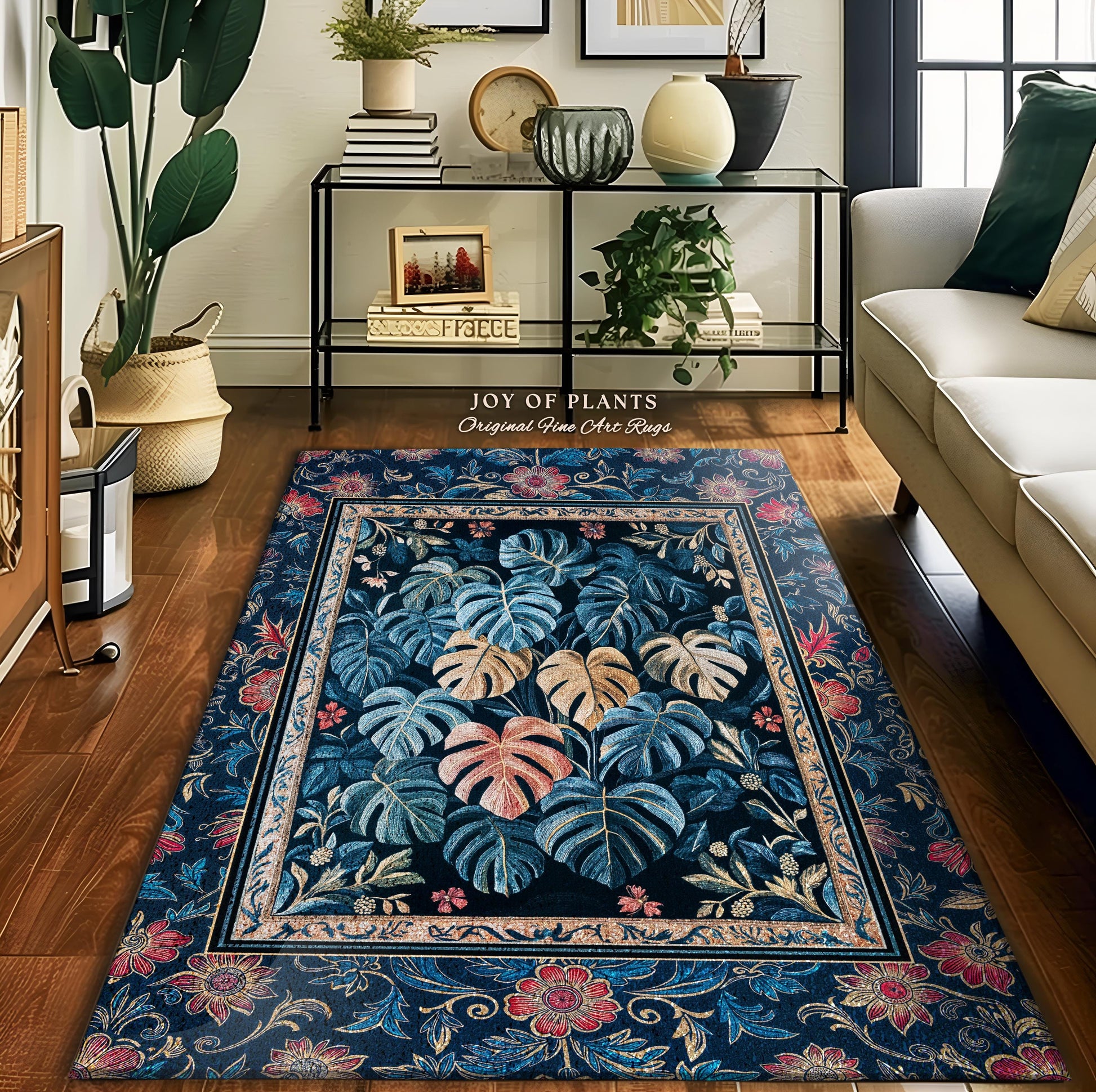 Bohemian Aesthetic Maximalist Rug | Dark Botanical Elegant Statement Rug Woodland Decor Houseplant Love Moody Jungle Vibe Monstera Area Rug