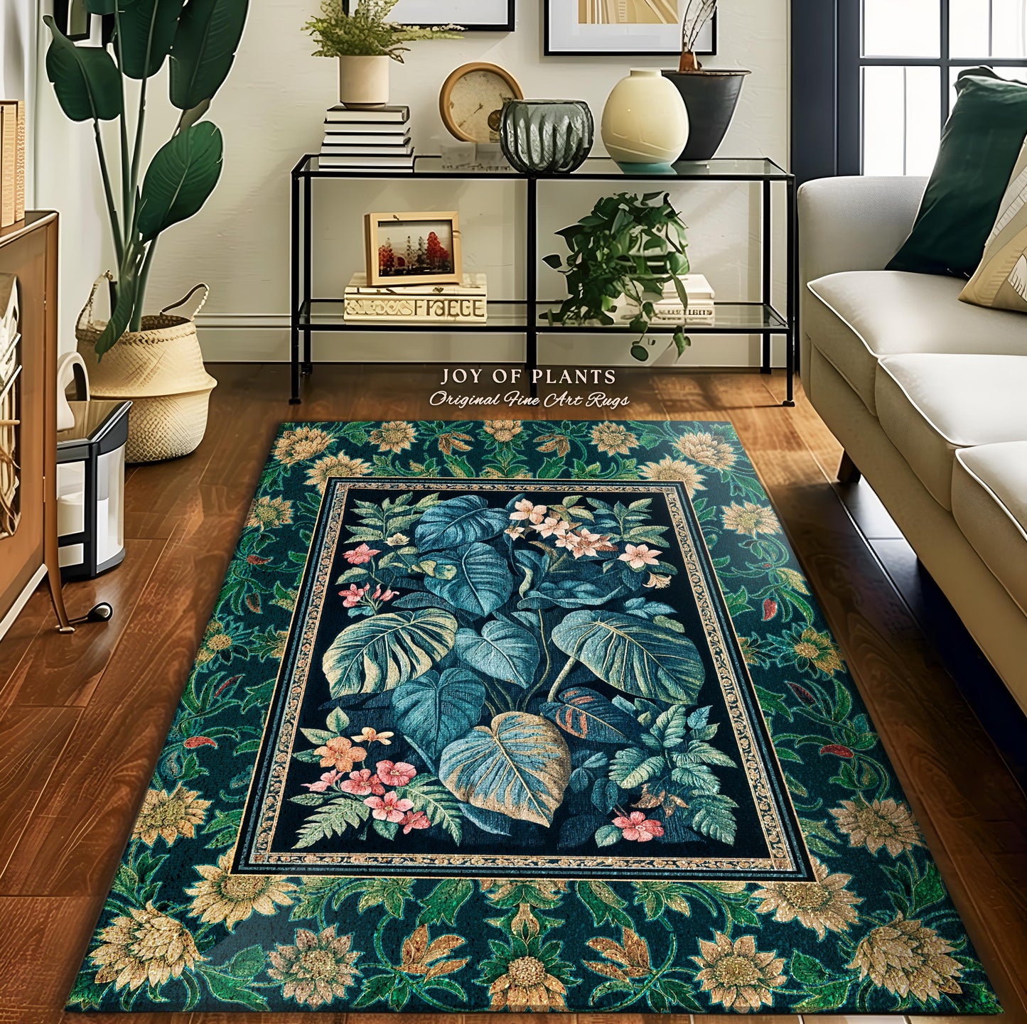 Mystic Foliage Maximalist Statement Rug | Whimsical Greenery Retro 90s Tropical Bedroom Area Rug Jungle Monstera Botanical Accent Rug Boho