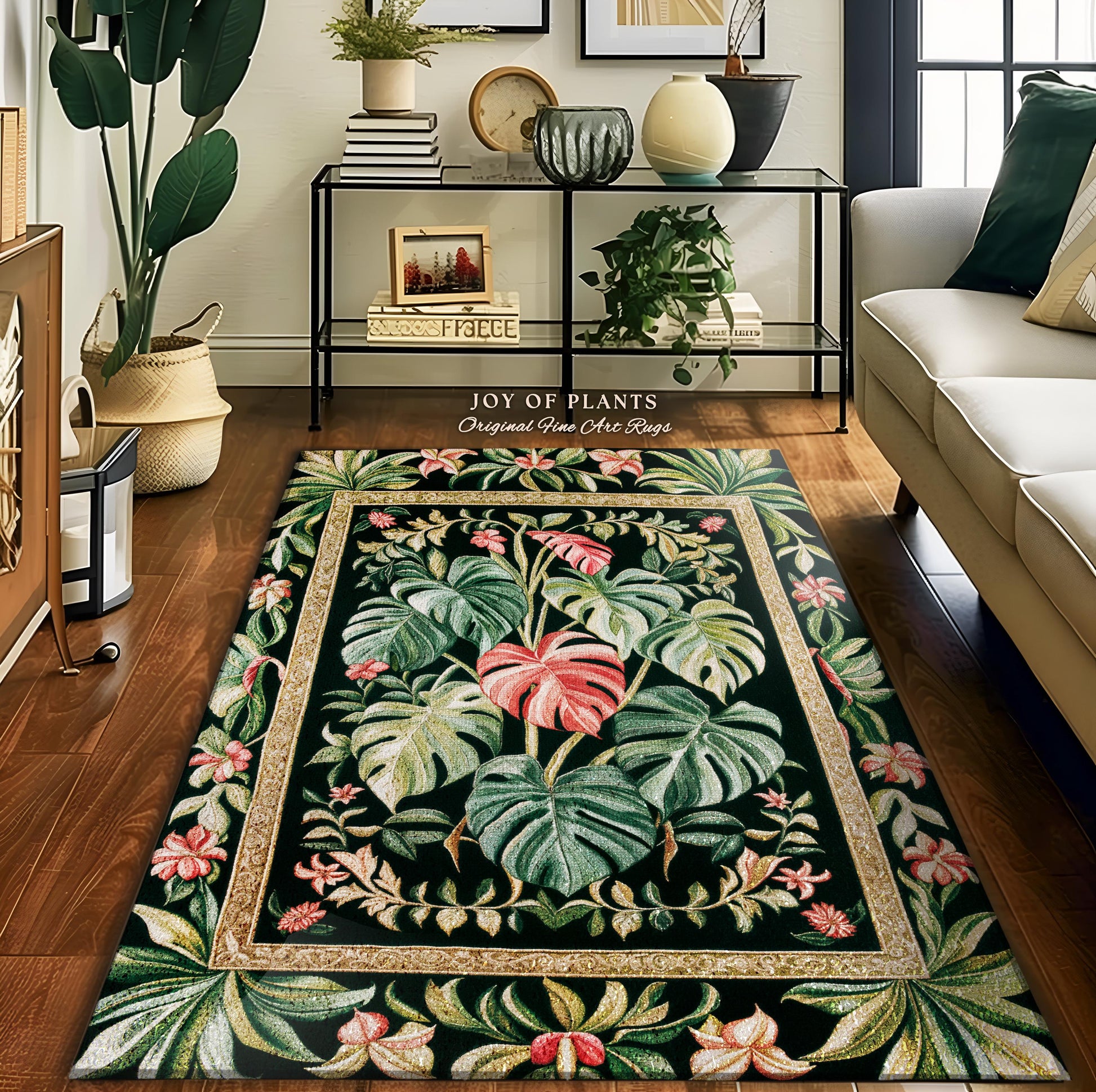 Eclectic Botanicals Statement Rug | Whimsical Home Aesthetic Monstera Deliciosa Tropical Greenhouse Area Rug Plant Lover Colorful Greenery |