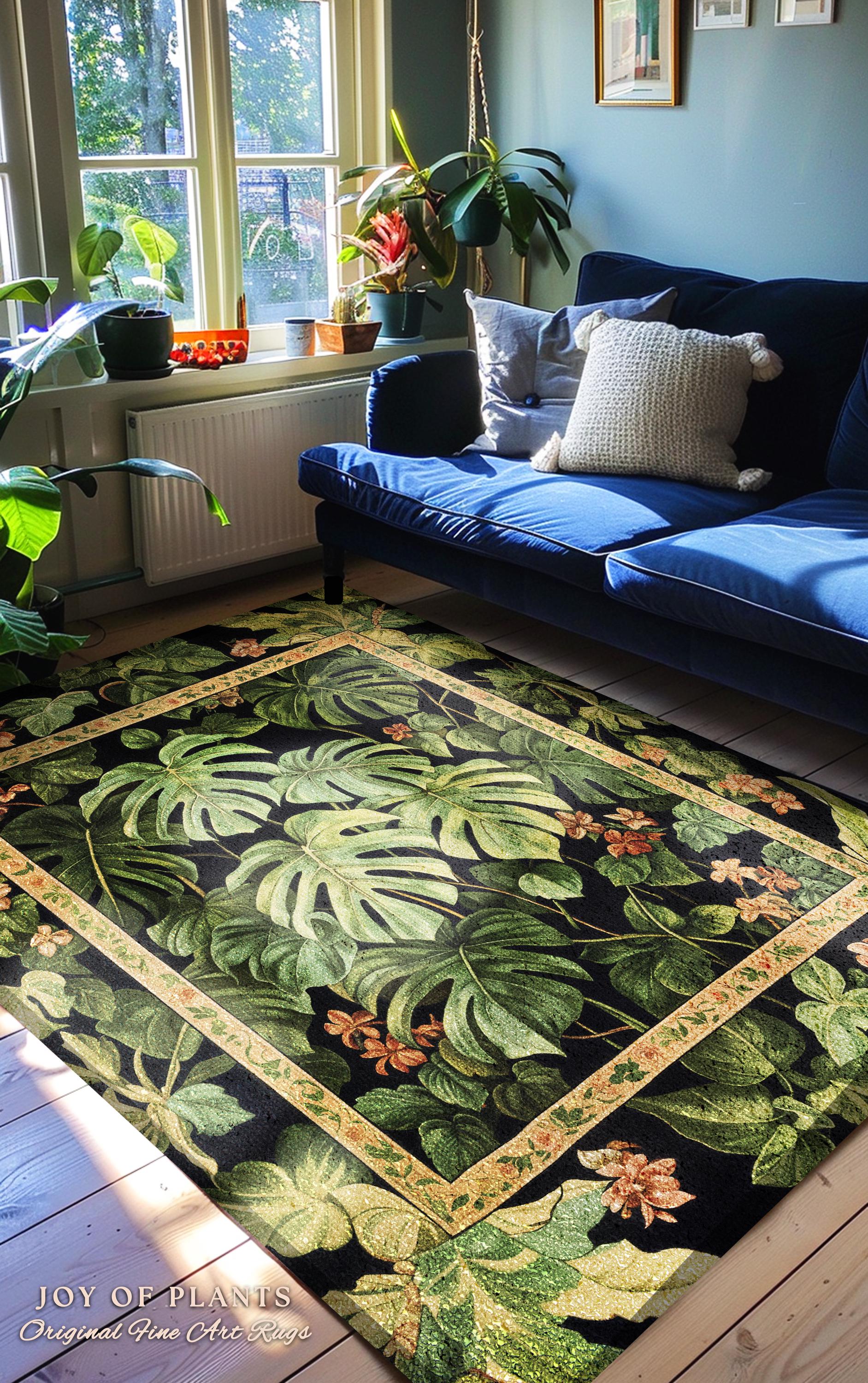 Plant Lover Botanical Area Rug | Exotic Foliage Tropical Cottagecore Jungle Theme Statement Rug Elegant Botanical Monstera Houseplant Decor