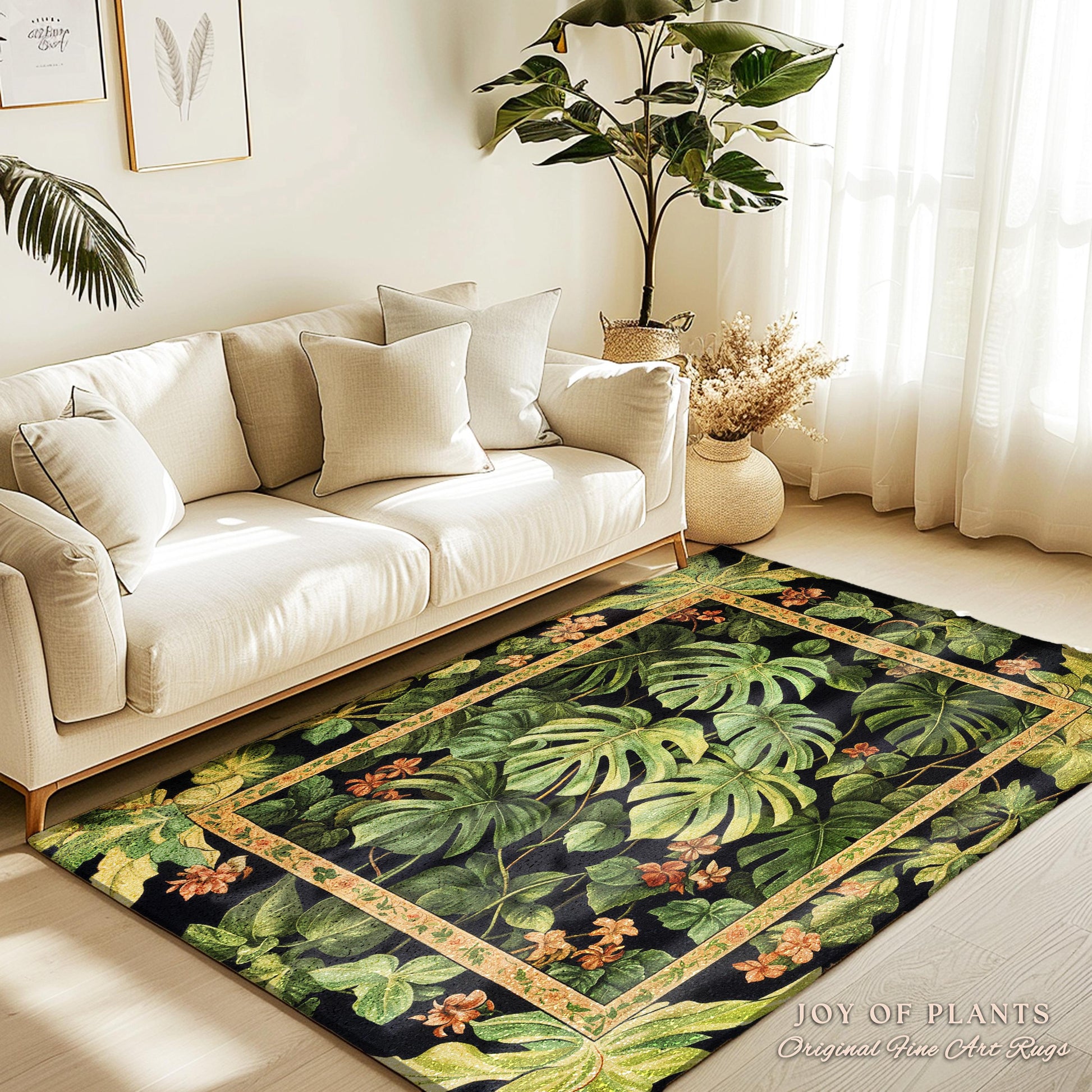 Plant Lover Botanical Area Rug | Exotic Foliage Tropical Cottagecore Jungle Theme Statement Rug Elegant Botanical Monstera Houseplant Decor