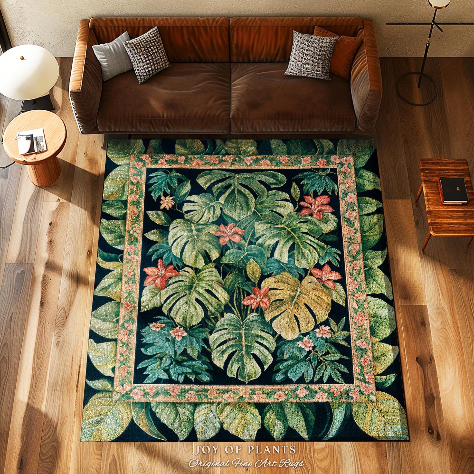 Pastel Greenery Monstera Area Rug | Floral Cottagecore Greenhouse Eclectic Botanical Maximalist Houseplant Lover Statement Rug Whimsical |