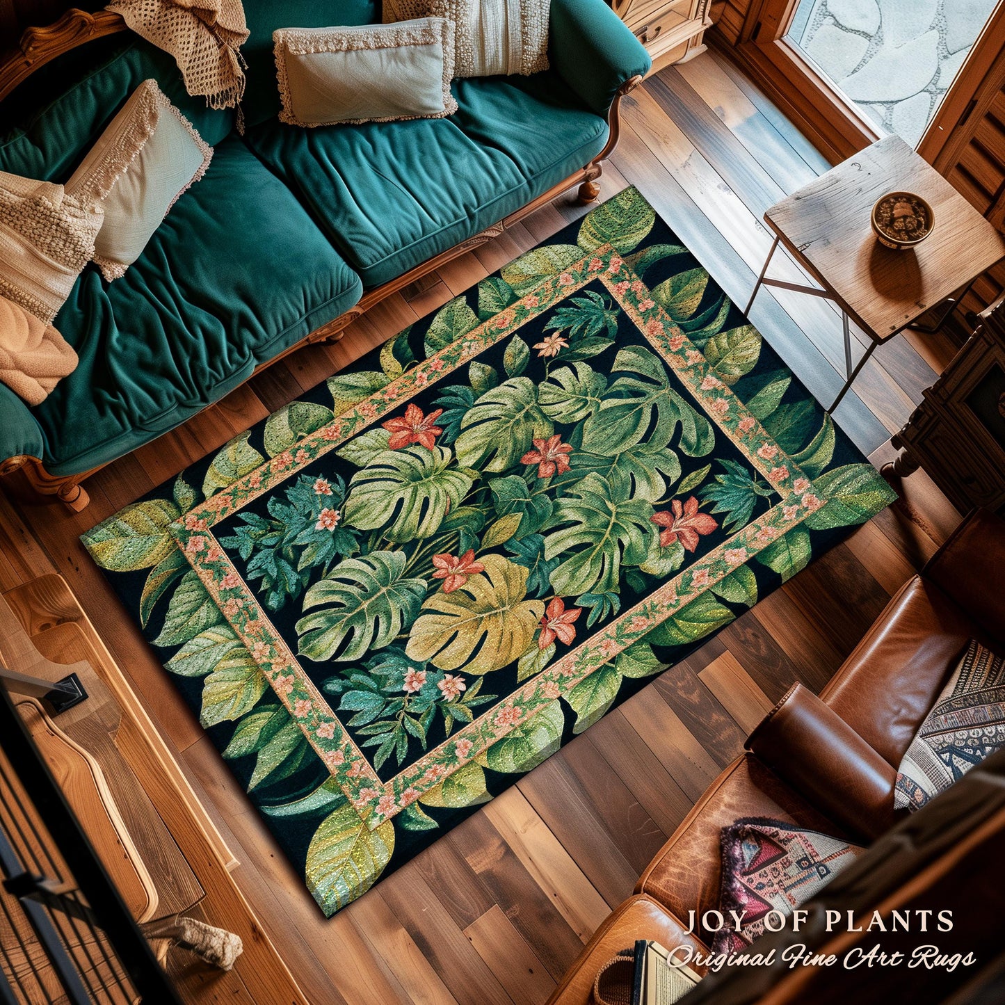 Pastel Greenery Monstera Area Rug | Floral Cottagecore Greenhouse Eclectic Botanical Maximalist Houseplant Lover Statement Rug Whimsical |