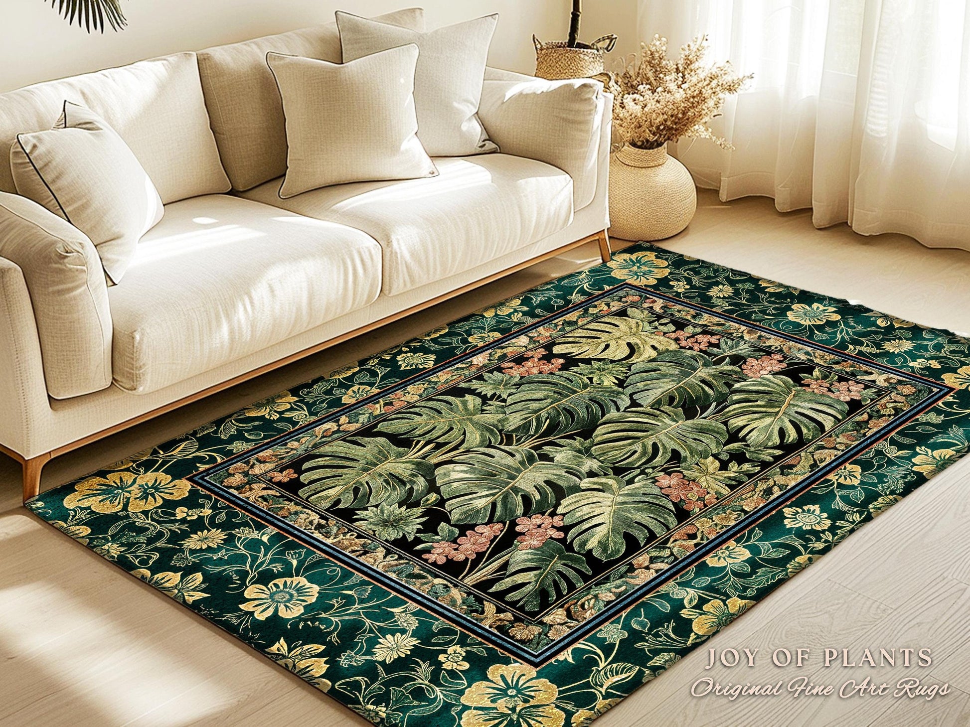 Emerald Elegance Jungle Accent Rug | Botanical Aesthetic Monstera Deliciosa Greenhouse Statement Rug Tropical Plants Green Moody Jungle Vibe