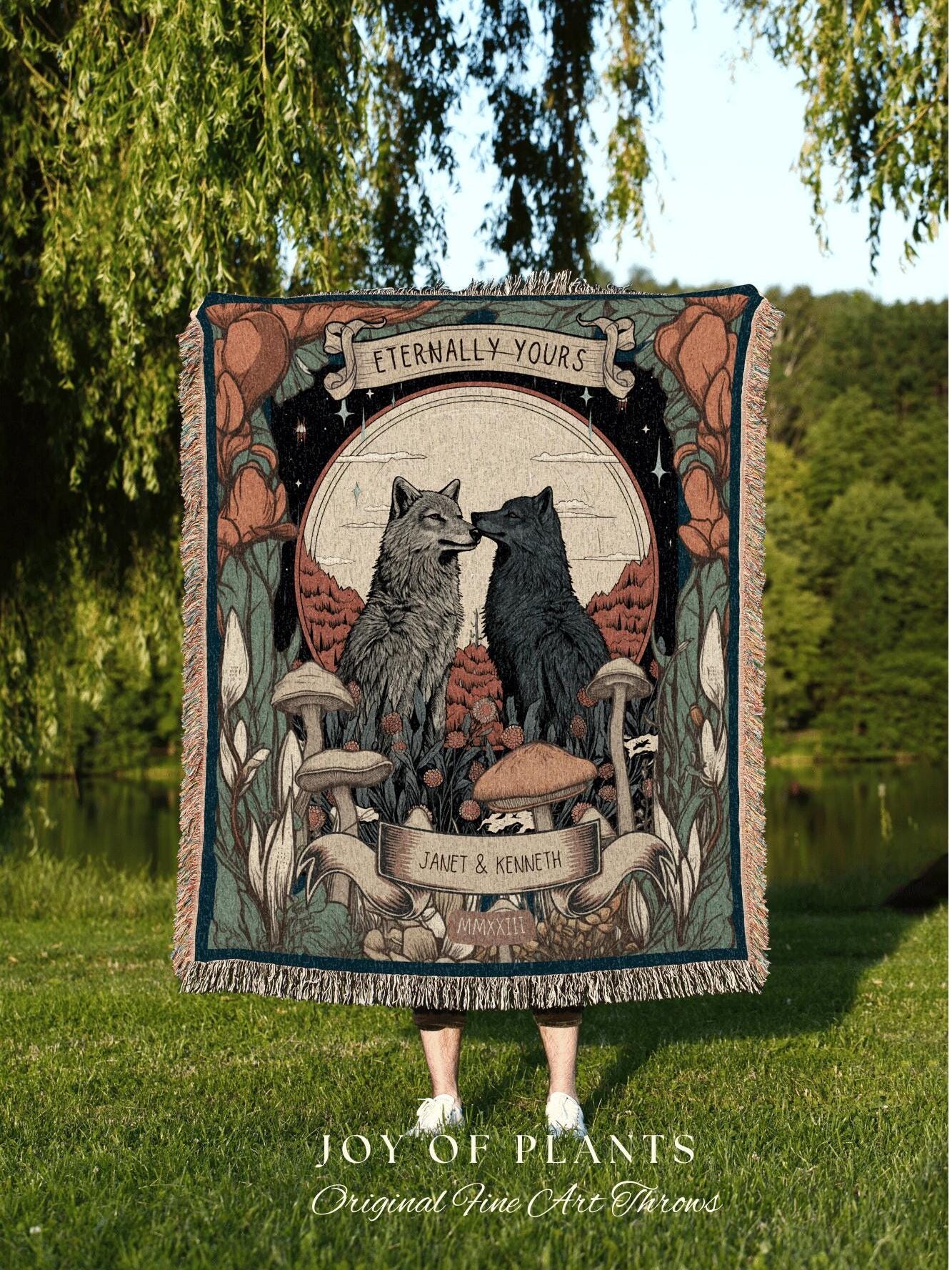 Wolf Couple Anniversary Blanket | Personalized Anniversary Gift Custom Tapestry Wolf Blanket Woodland Wedding Cottagecore Unique Couple Gift