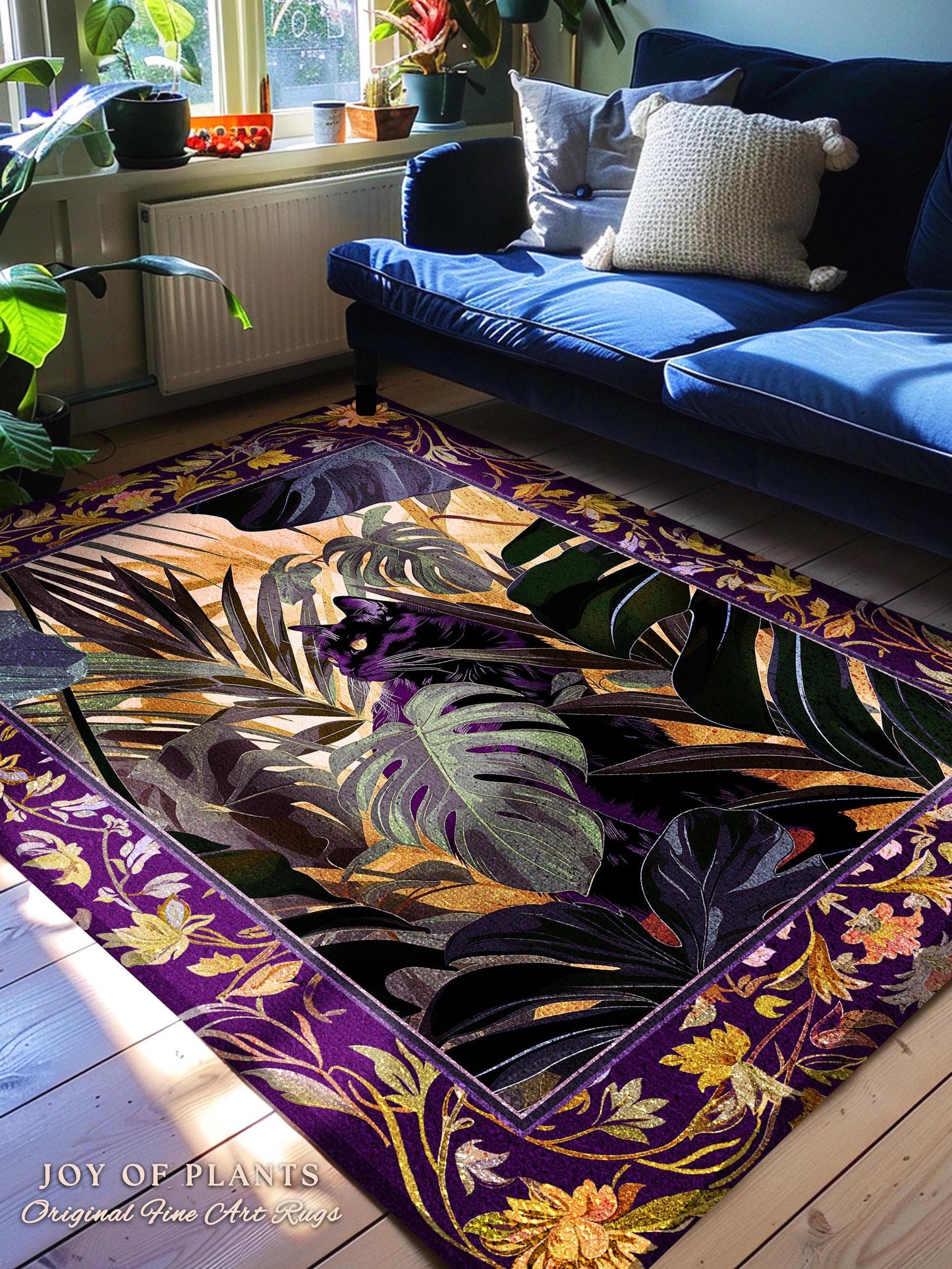 Enchanted Jungle Black Cat Rug Whimsical Monstera Moody Maximalism Whimsigoth Decor, Retro Gothic Dark Botanical Art Cottagecore Home Decor