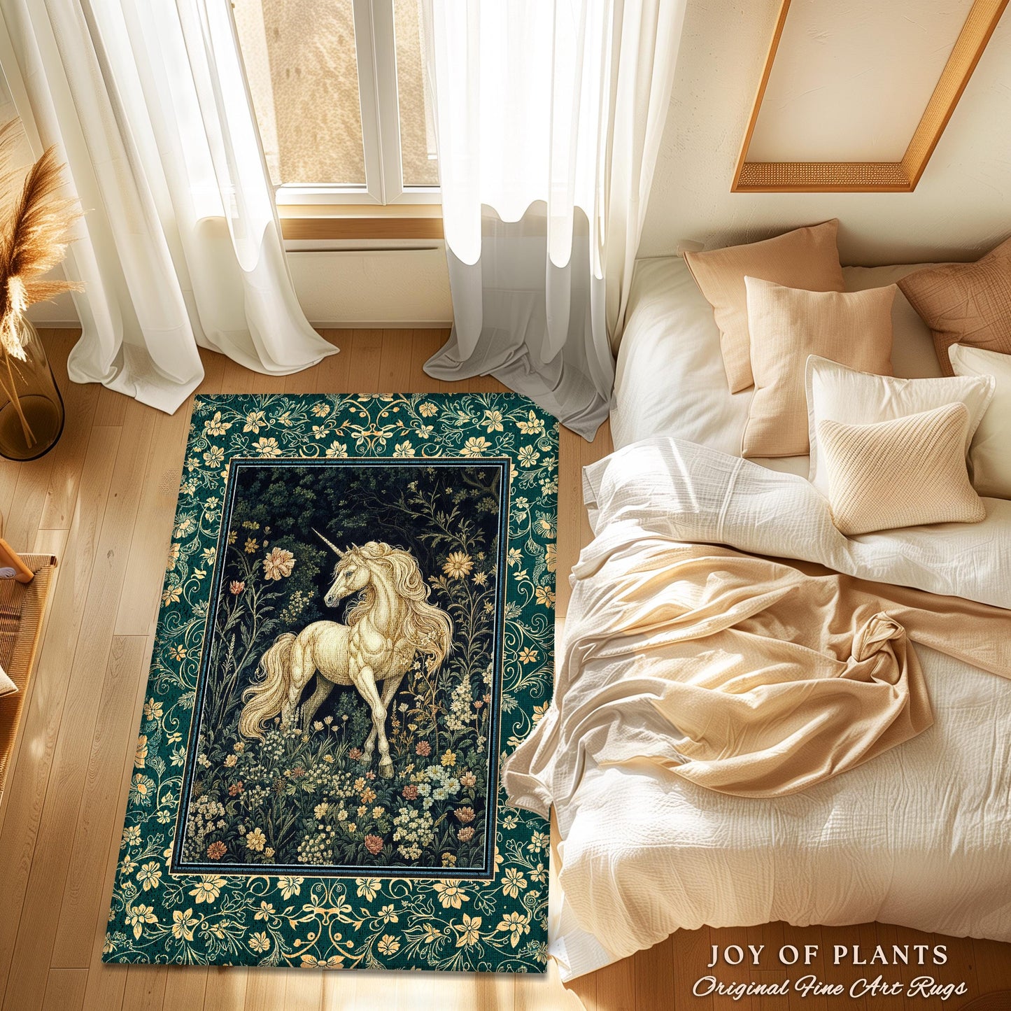 Magic Medieval Unicorn Accent Rug | Woodland Nature Vintage Aesthetic Area Rug Whimsical Bedroom Decor Magic Cottagecore Magical Creatures |