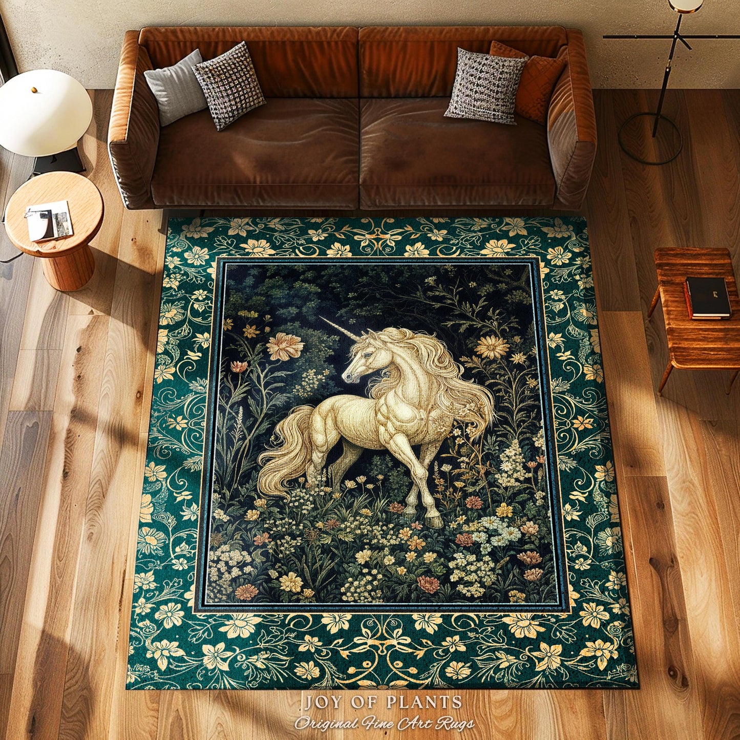 Magic Medieval Unicorn Accent Rug | Woodland Nature Vintage Aesthetic Area Rug Whimsical Bedroom Decor Magic Cottagecore Magical Creatures |