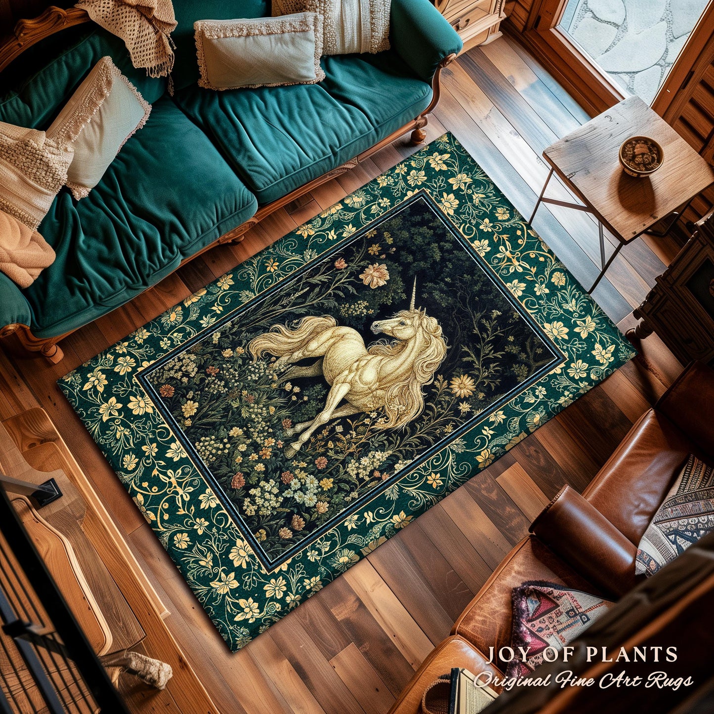 Magic Medieval Unicorn Accent Rug | Woodland Nature Vintage Aesthetic Area Rug Whimsical Bedroom Decor Magic Cottagecore Magical Creatures |