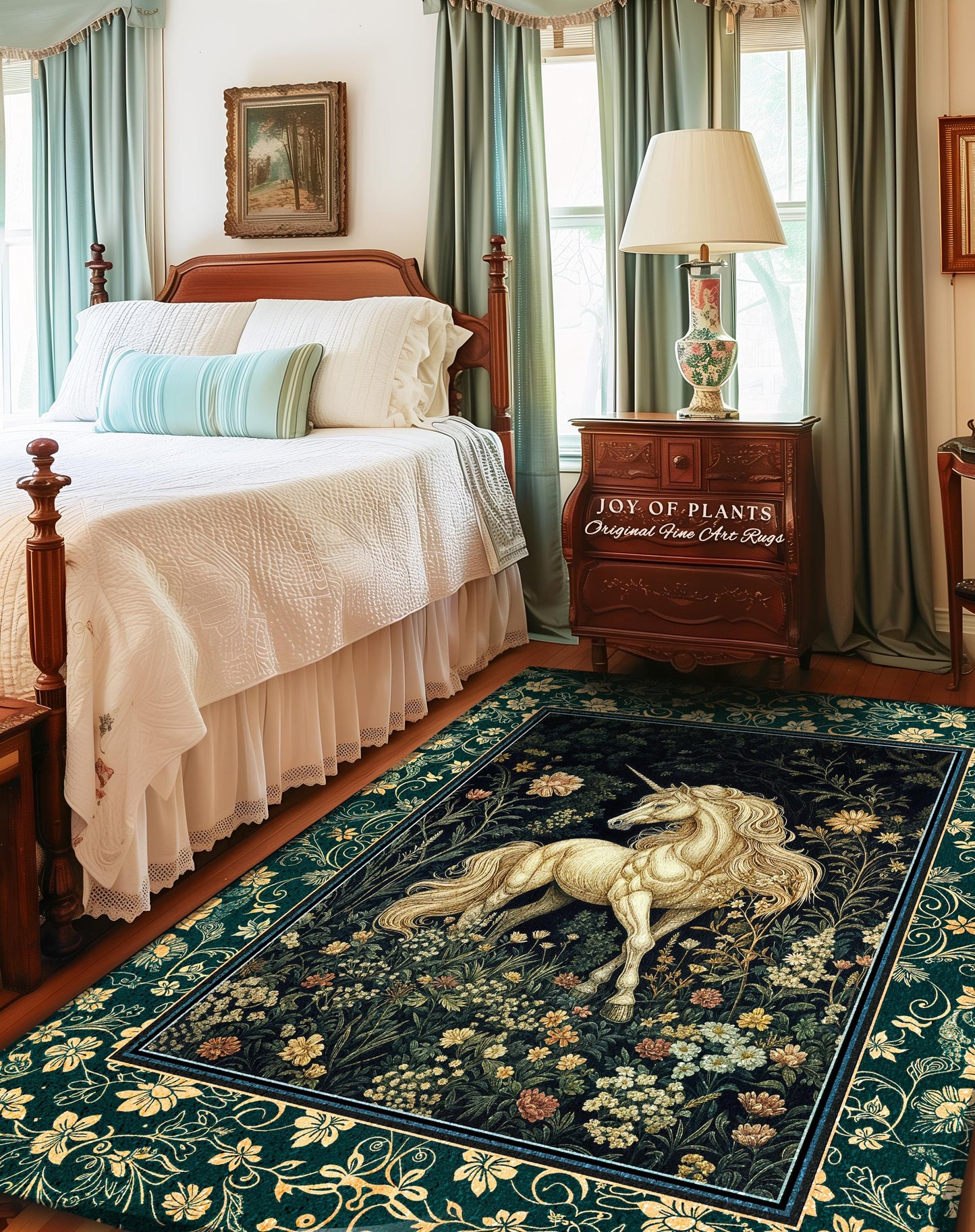 Magic Medieval Unicorn Accent Rug | Woodland Nature Vintage Aesthetic Area Rug Whimsical Bedroom Decor Magic Cottagecore Magical Creatures |