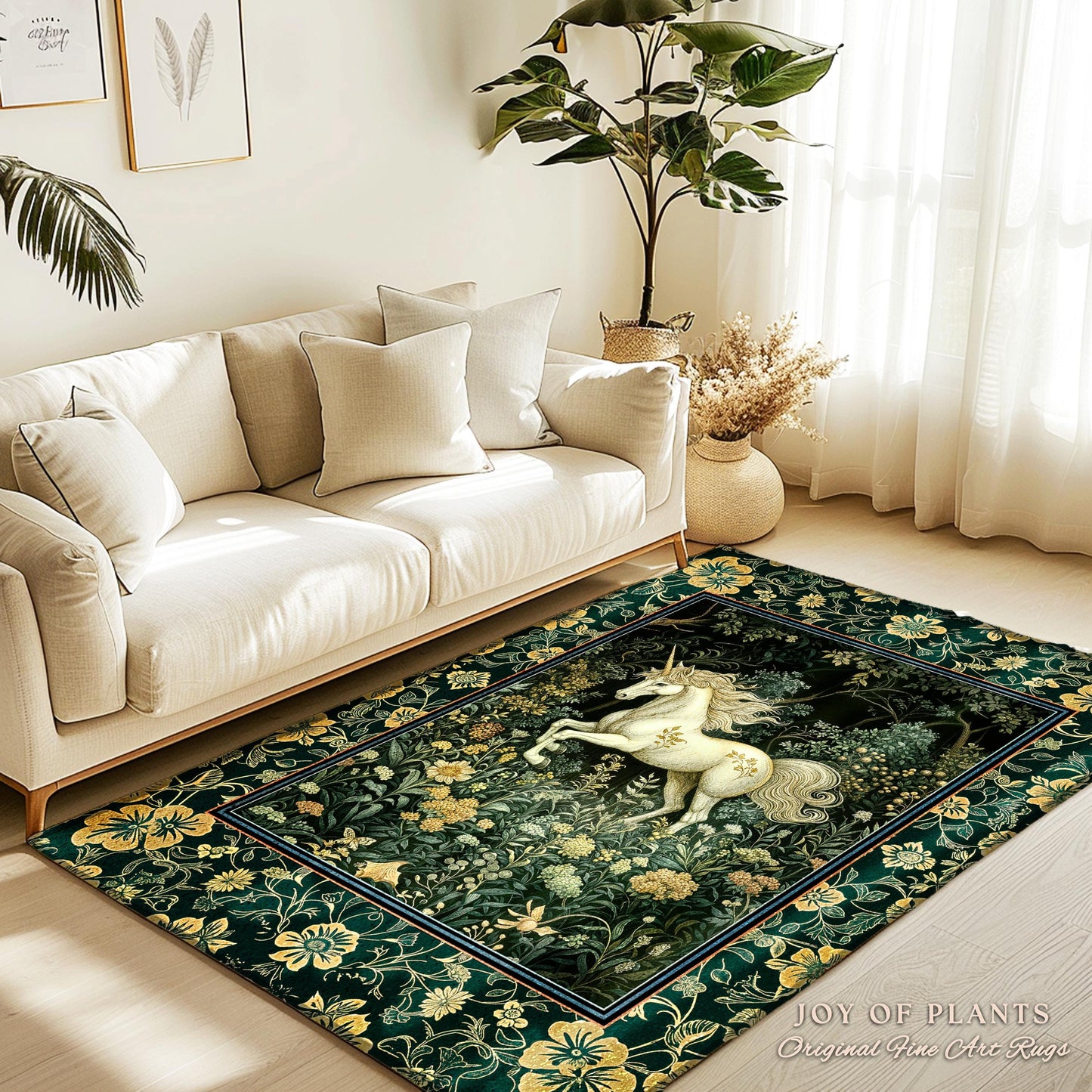 Earthy Ethereal Unicorn Bedroom Rug | Whimsical Nature Fairytale Magic Medieval Accent Rug Woodland Aesthetic Storybook Nostalgic Decor |