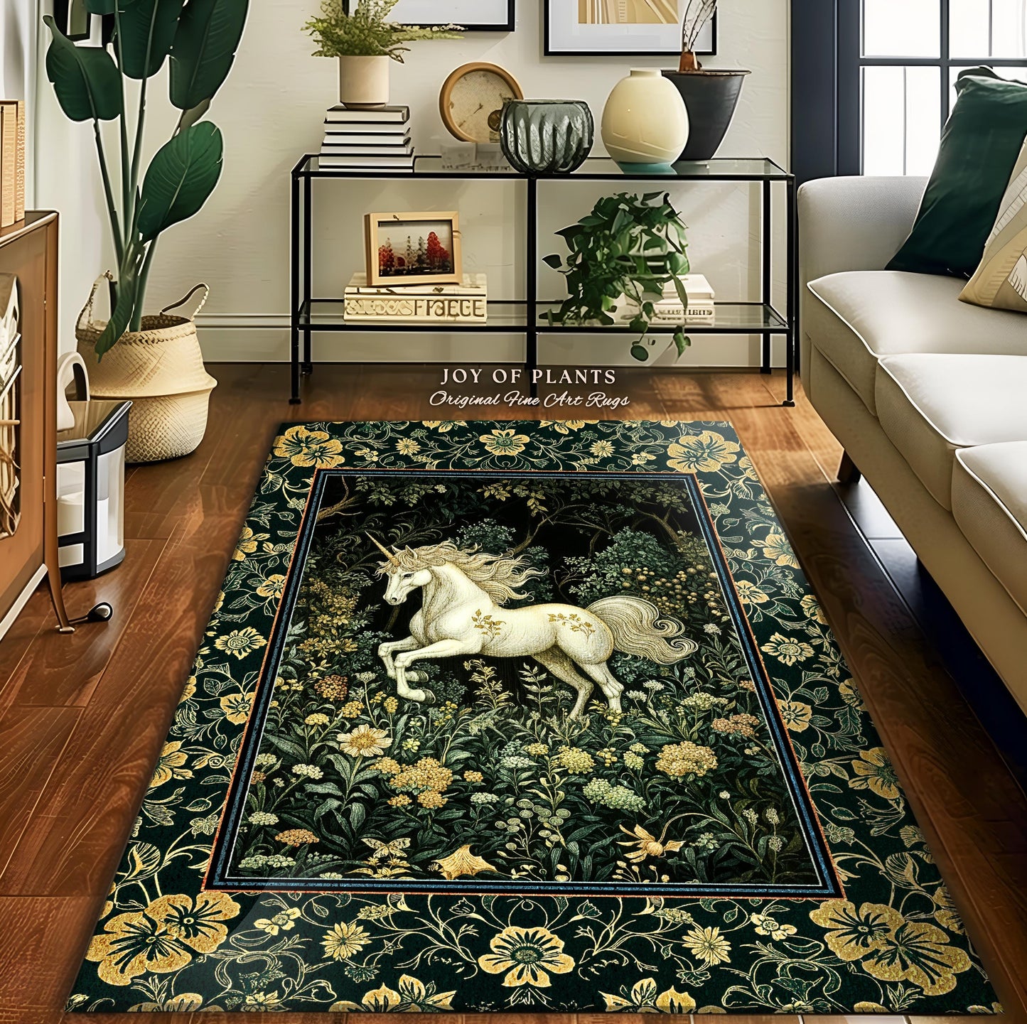Earthy Ethereal Unicorn Bedroom Rug | Whimsical Nature Fairytale Magic Medieval Accent Rug Woodland Aesthetic Storybook Nostalgic Decor |