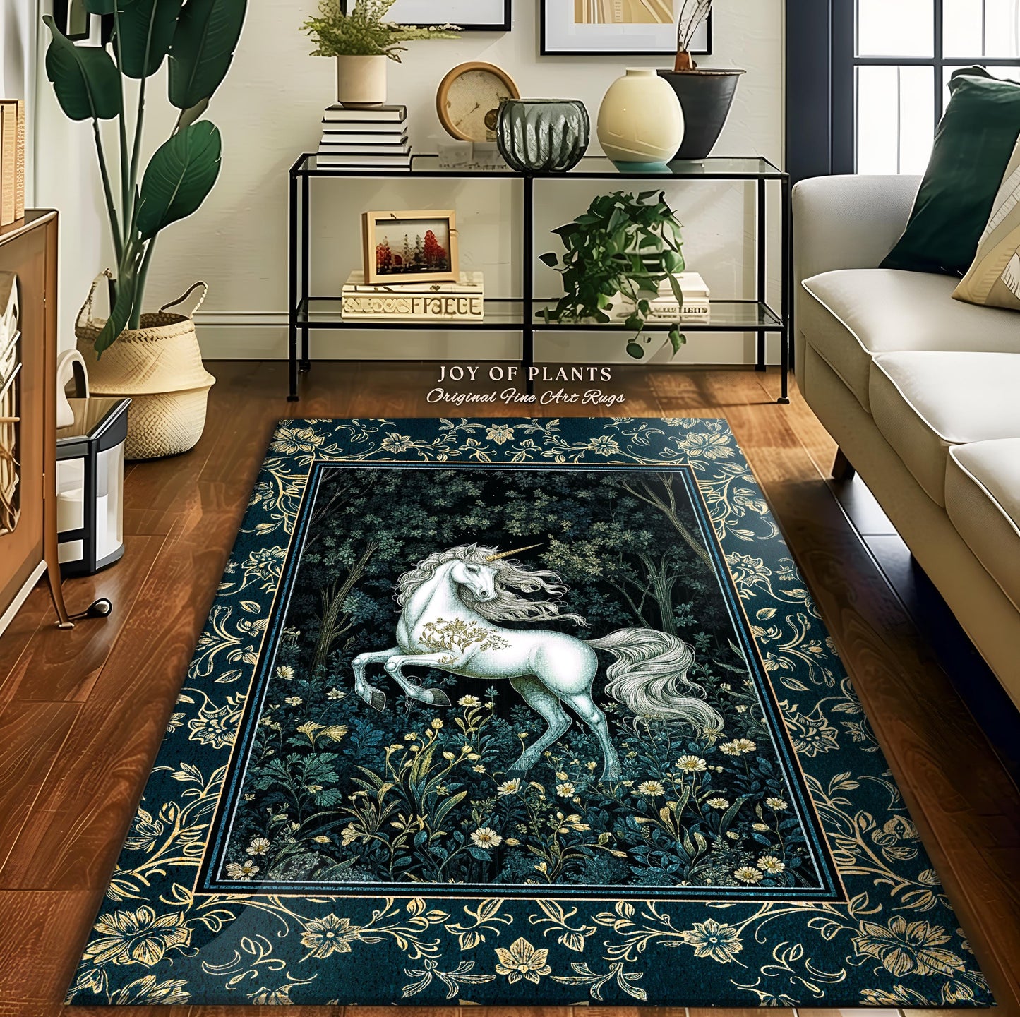 Enchanted Meadow Unicorn Area Rug | Victorian Fairycore Whimsical Ethereal Bedroom Rug Medieval Woodland Fairytale Magical Rustic Medieval |