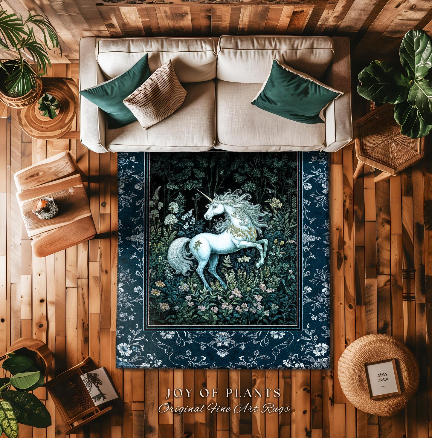 Midnight Magic Unicorn Area Rug | Dark Botanical Maximalist Bedroom Colorful Whimsical Victorian Fairycore Accent Rug Medieval Castlecore |
